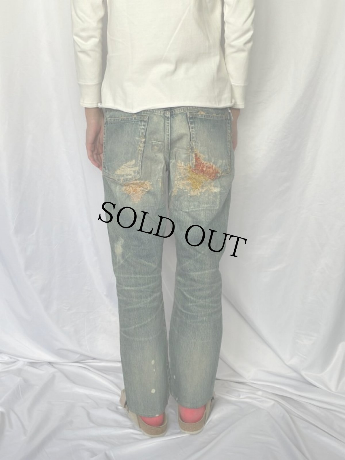 画像4: KAPITAL パッチワーク ボロ加工デニムパンツ W33 (4)