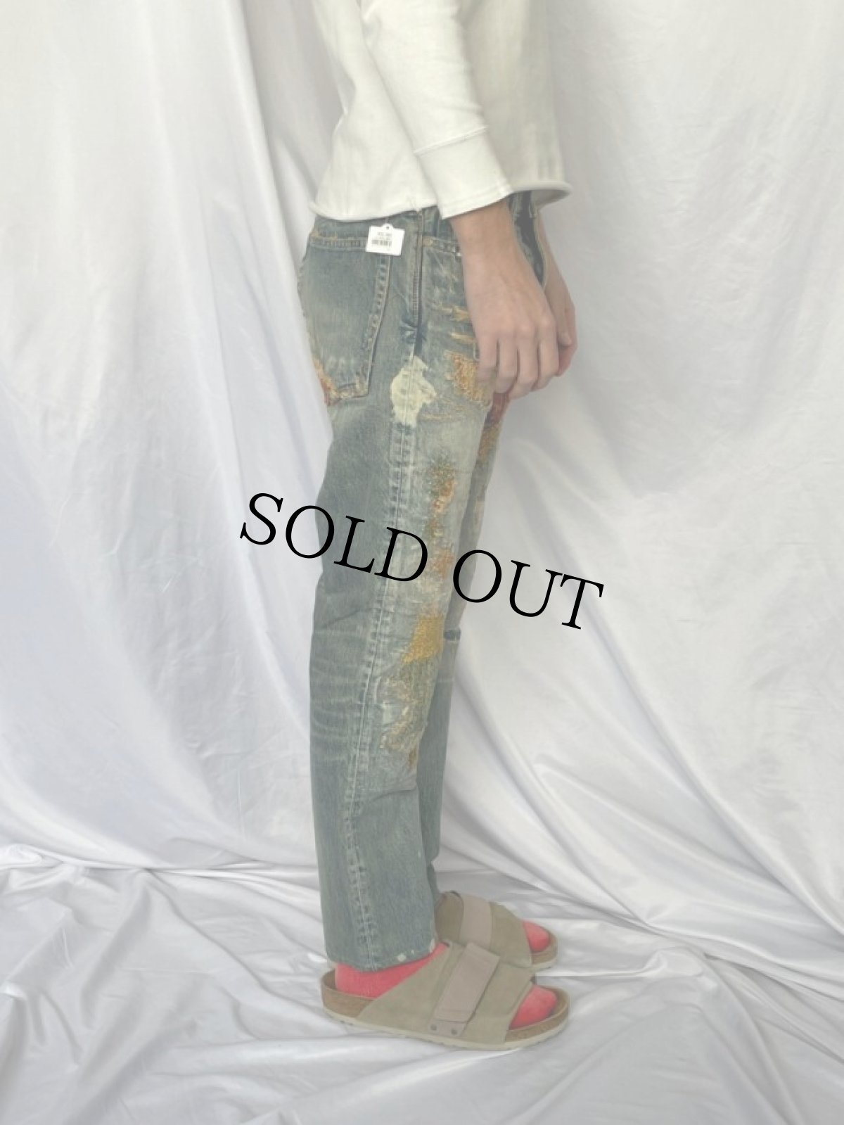 画像3: KAPITAL パッチワーク ボロ加工デニムパンツ W33 (3)