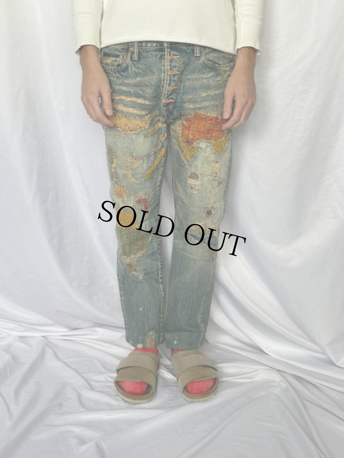 画像2: KAPITAL パッチワーク ボロ加工デニムパンツ W33 (2)