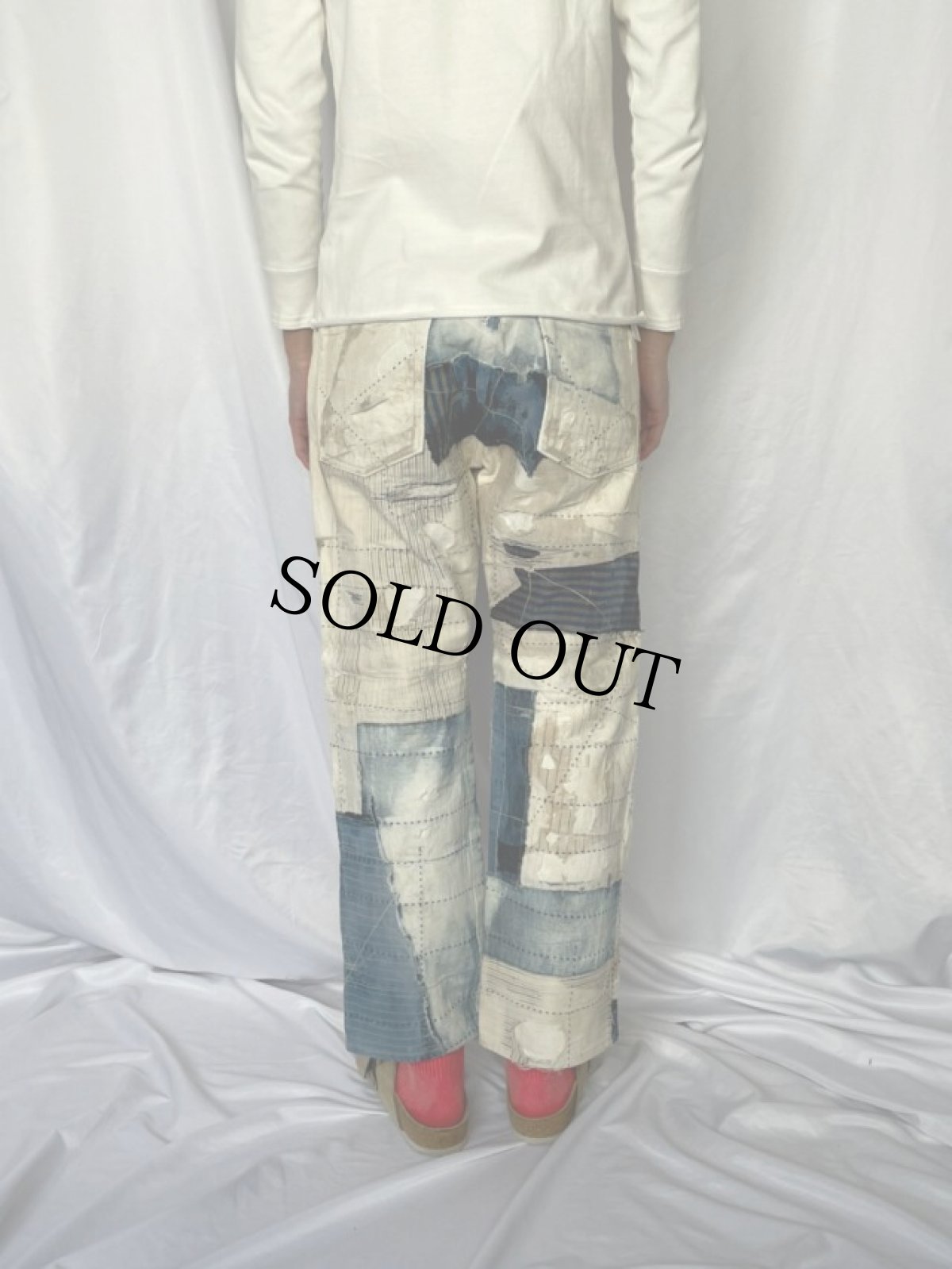 画像5: KAPITAL パッチワーク×ボロ加工 ホワイトデニムパンツ W27 (5)