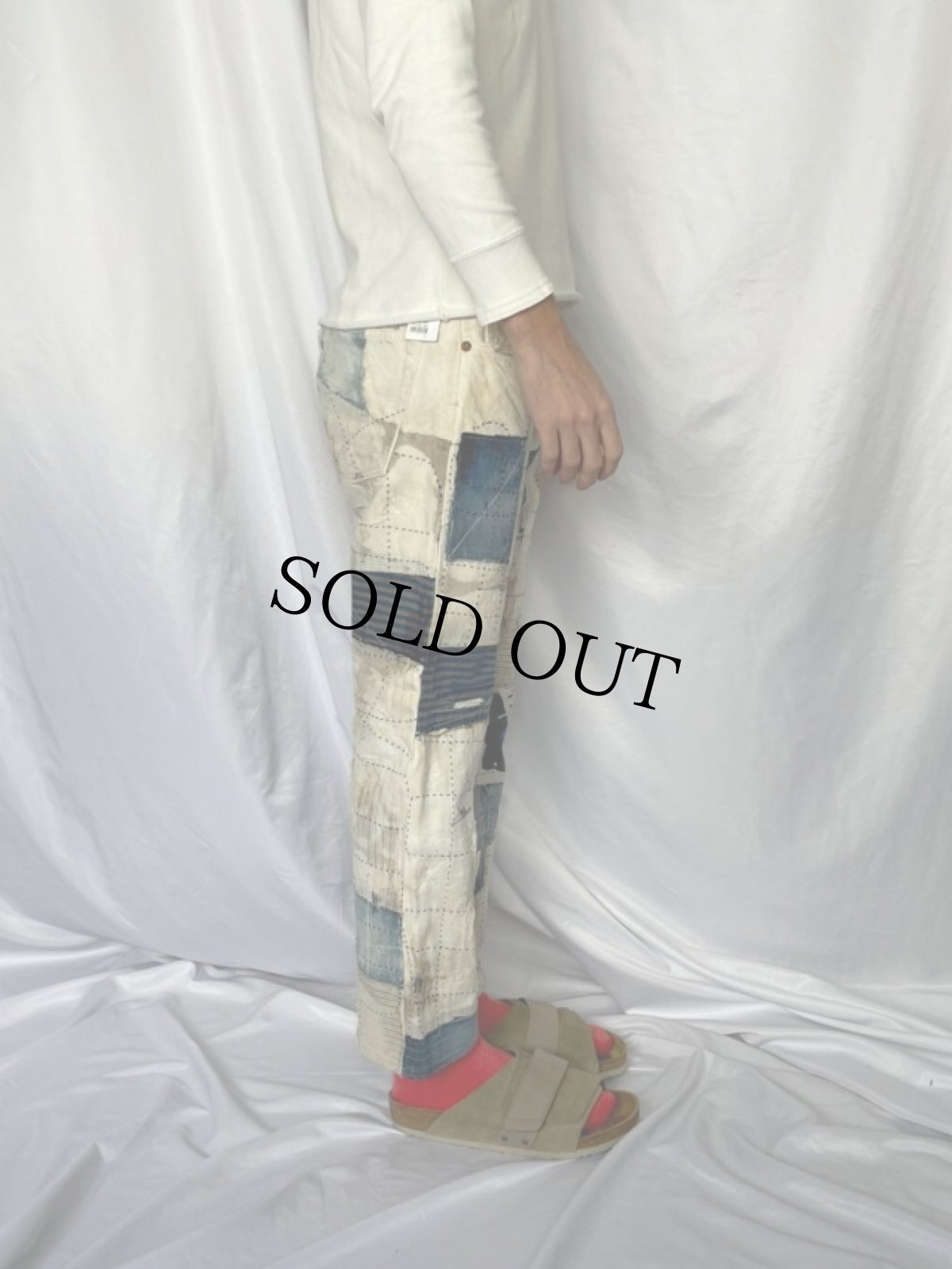 画像4: KAPITAL パッチワーク×ボロ加工 ホワイトデニムパンツ W27 (4)