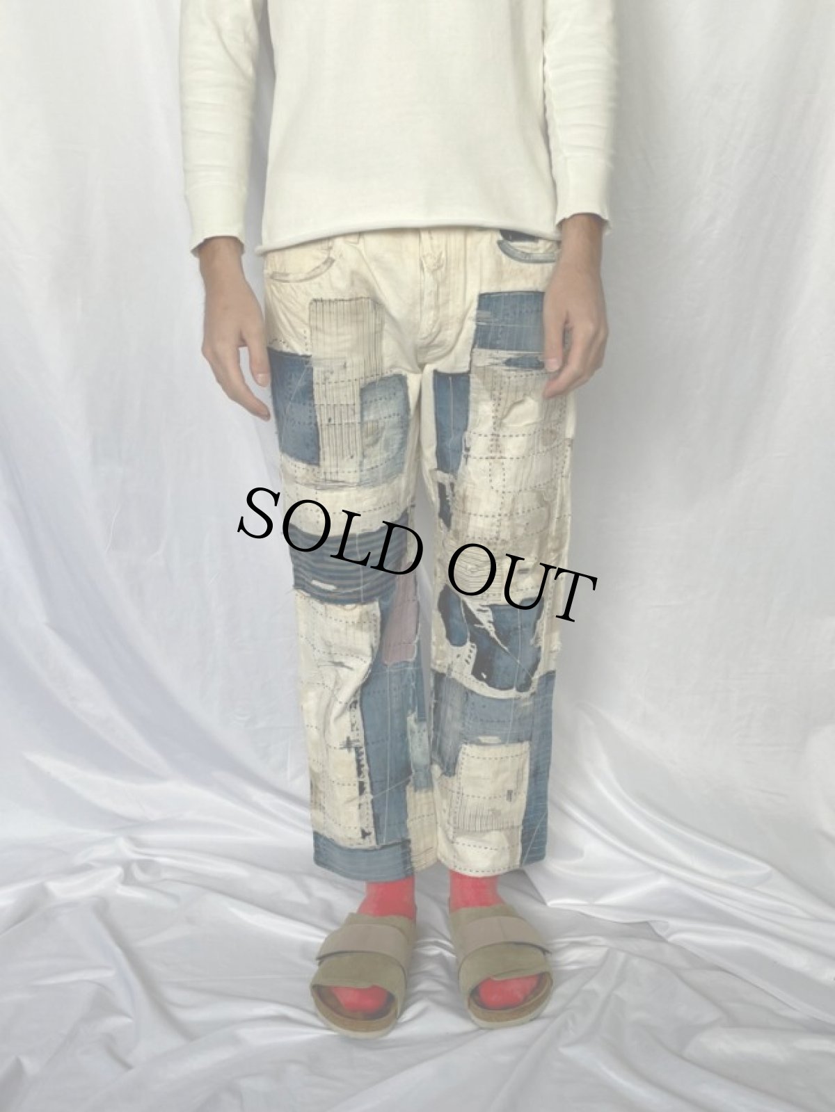 画像3: KAPITAL パッチワーク×ボロ加工 ホワイトデニムパンツ W27 (3)
