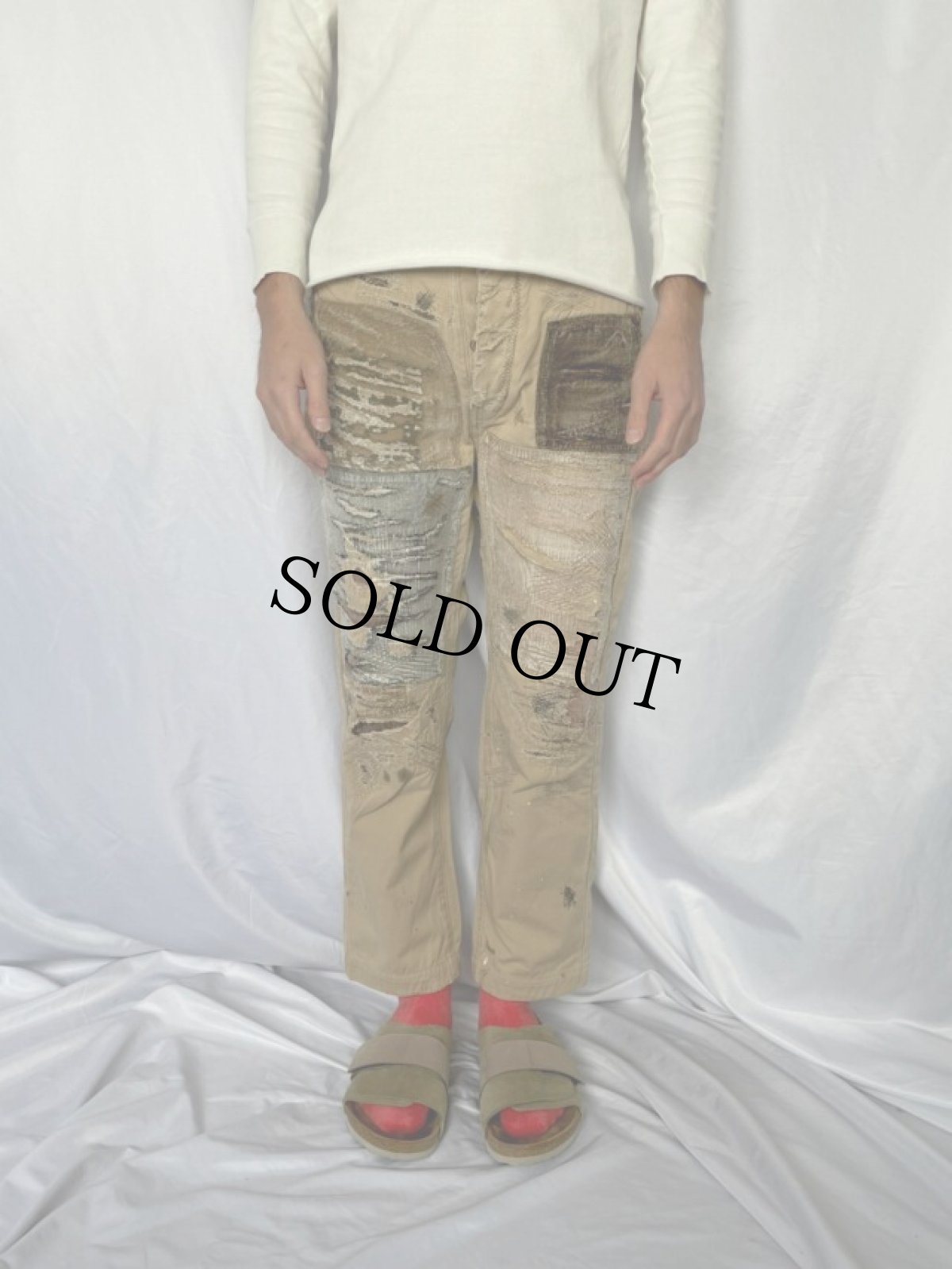 画像2: KAPITAL パッチワーク ボロ加工チノパンツ W29 (2)