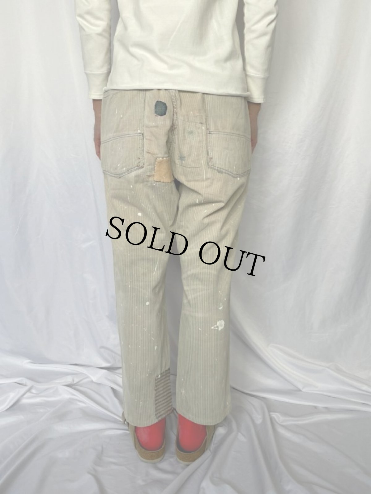 画像4: KAPITAL パッチワーク ボロ加工 ヒッコリーストライプパンツ W29 (4)