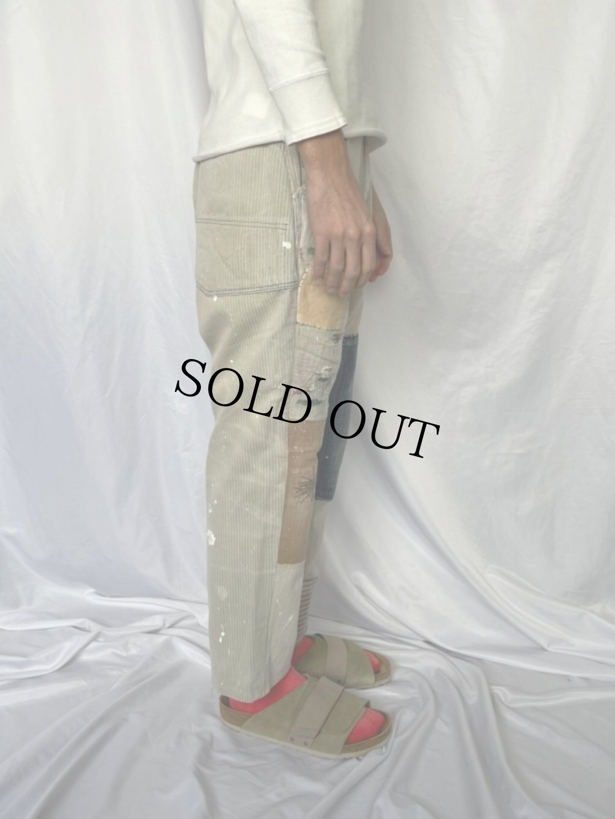 画像3: KAPITAL パッチワーク ボロ加工 ヒッコリーストライプパンツ W29 (3)