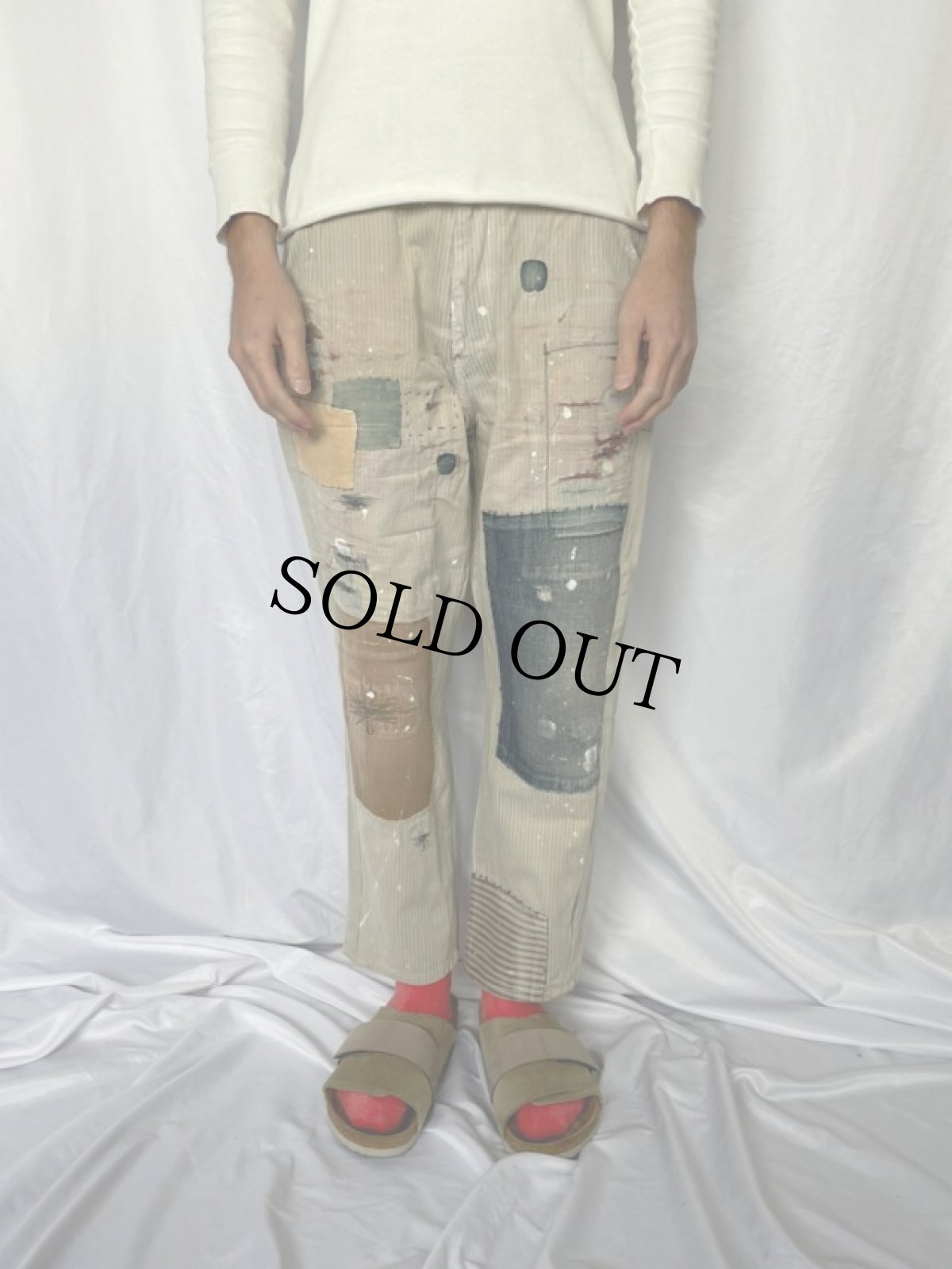 画像2: KAPITAL パッチワーク ボロ加工 ヒッコリーストライプパンツ W29 (2)