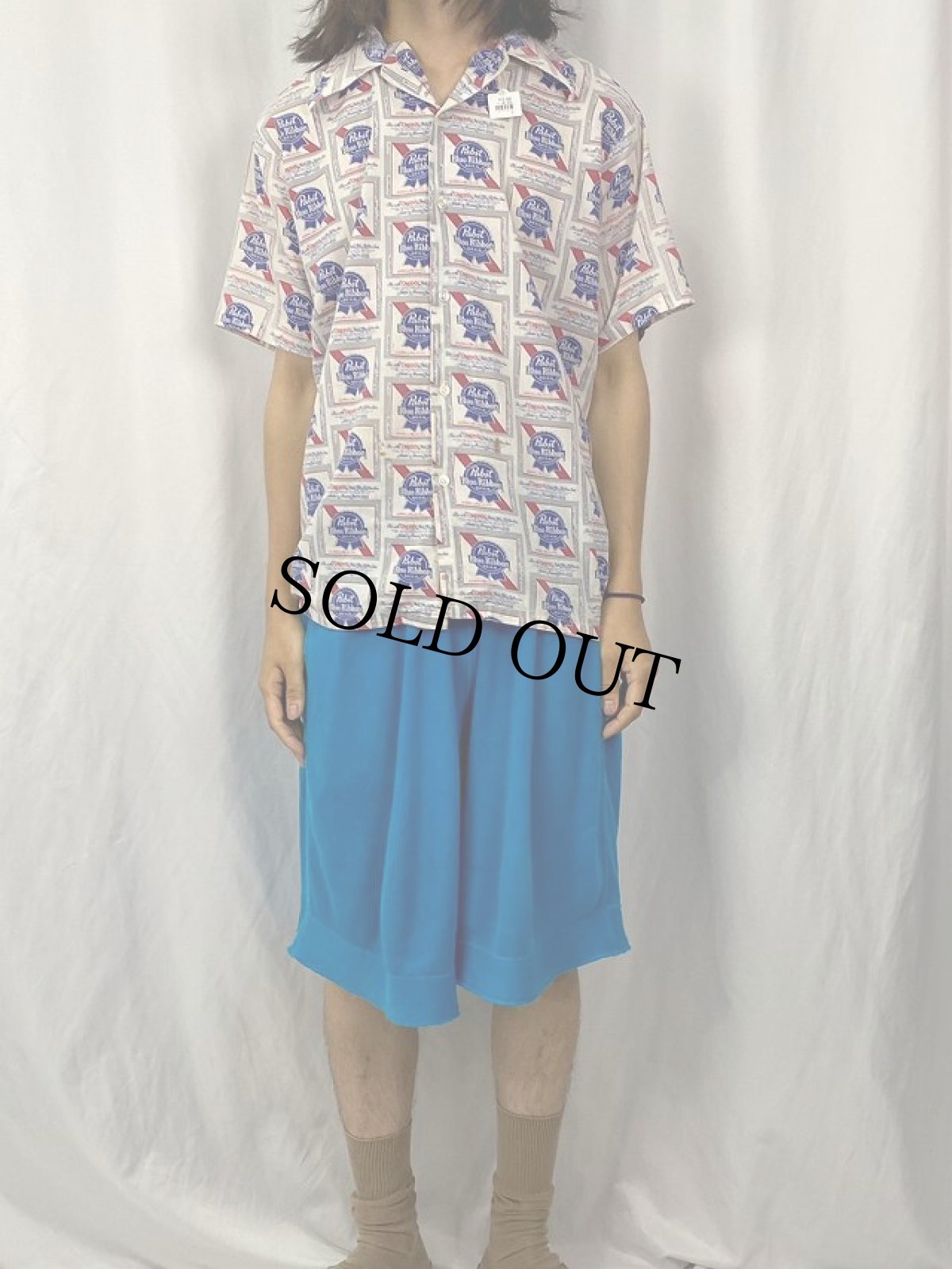 画像2: 70's Pabst Blue Ribbon USA製 ビールメーカー ロゴ総柄シャツ L (2)