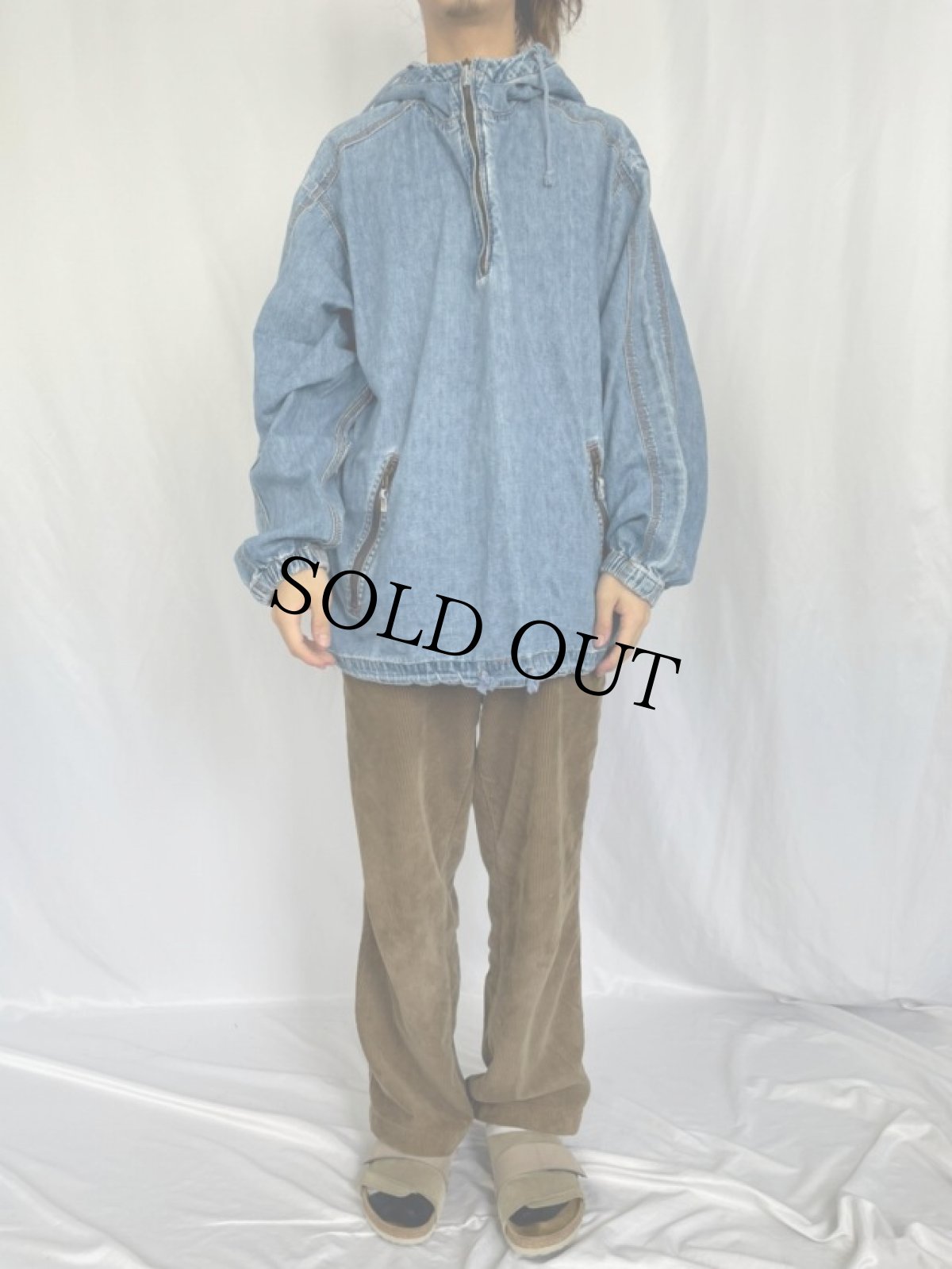 画像2: UNIONBAY ハーフジップ デニムパーカー L (2)