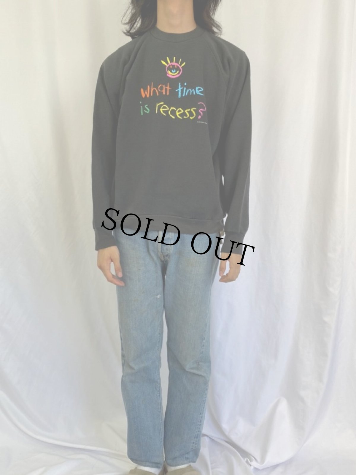 画像2: 90's USA製 "What time is recess?" メッセージプリントスウェット BLACK XL (2)