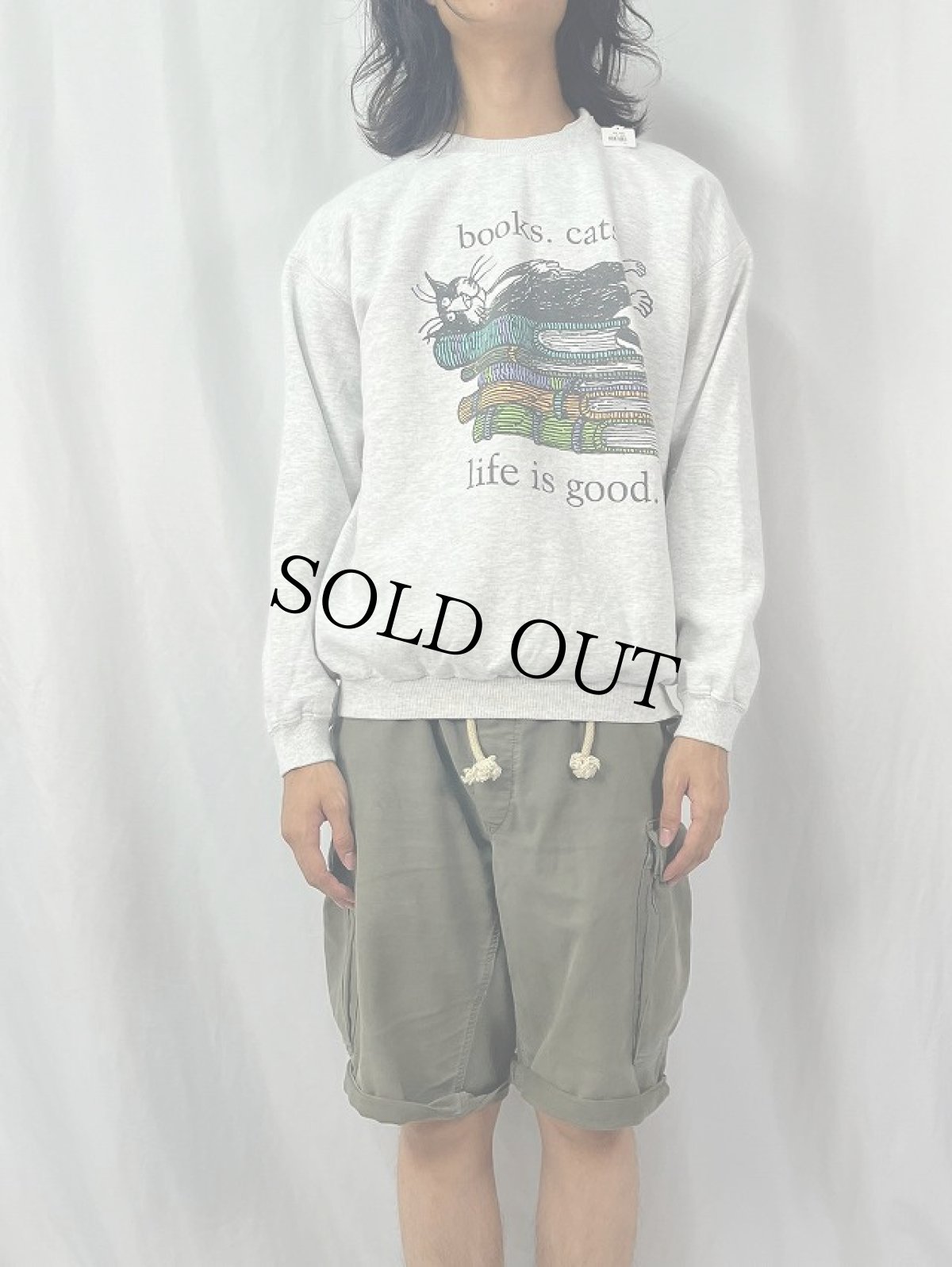 画像2: 90's Edward Gorey "books.cats." 本×ねこプリントスウェット M (2)