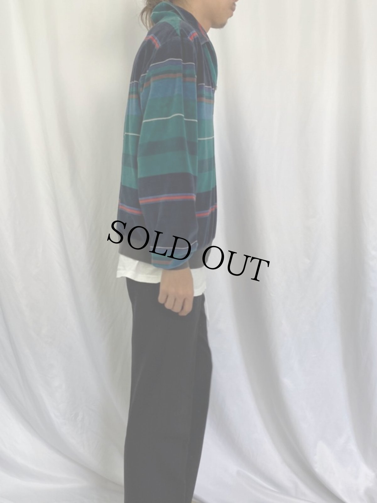 画像3: SPIRE USA製 マルチボーダー柄 ベロア長袖ポロシャツ L (3)