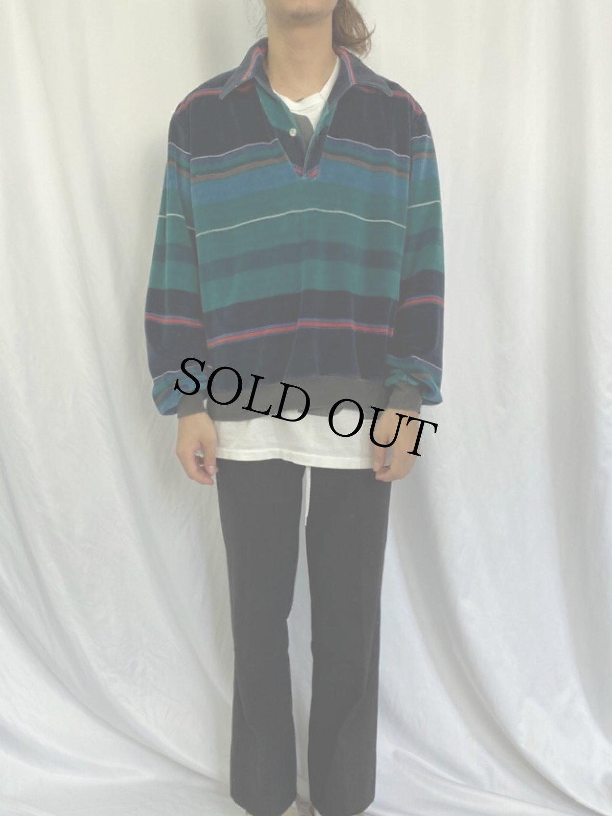 画像2: SPIRE USA製 マルチボーダー柄 ベロア長袖ポロシャツ L (2)