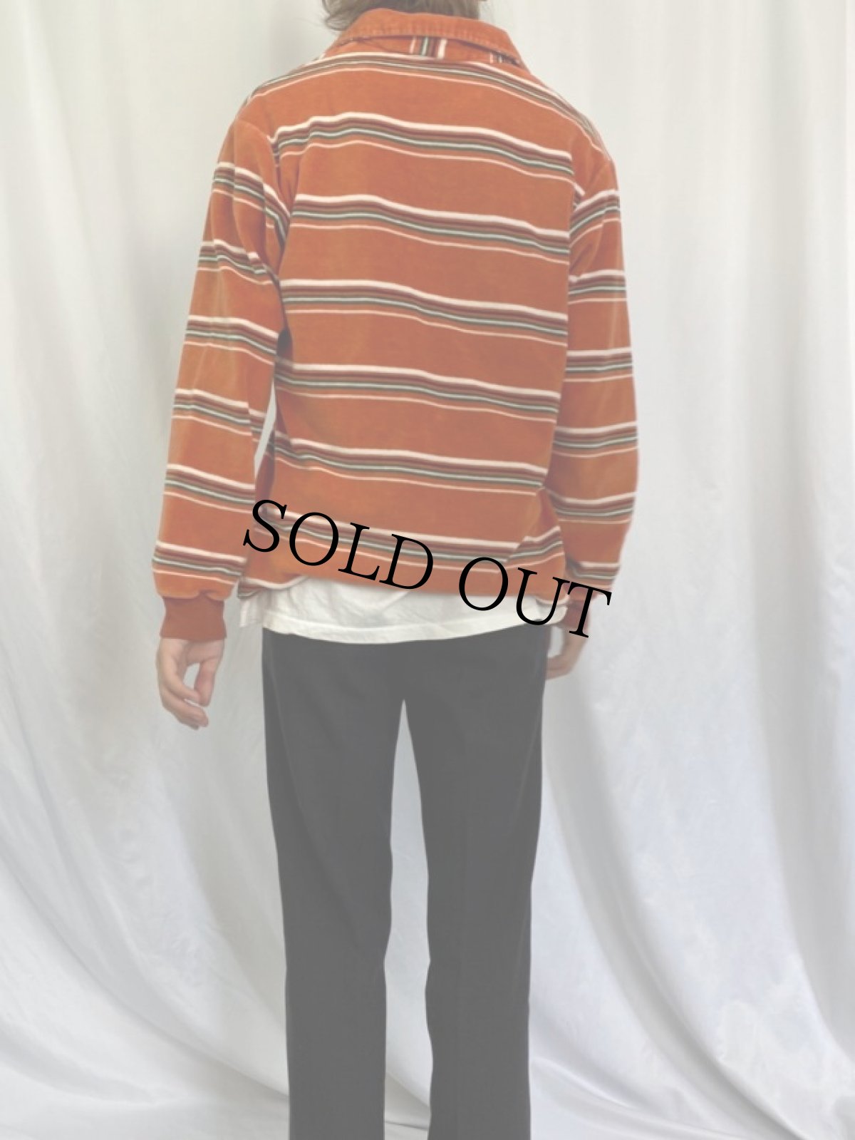 画像4: 70's Chemise Et Cie マルチボーダー柄 ベロア長袖ポロシャツ (4)