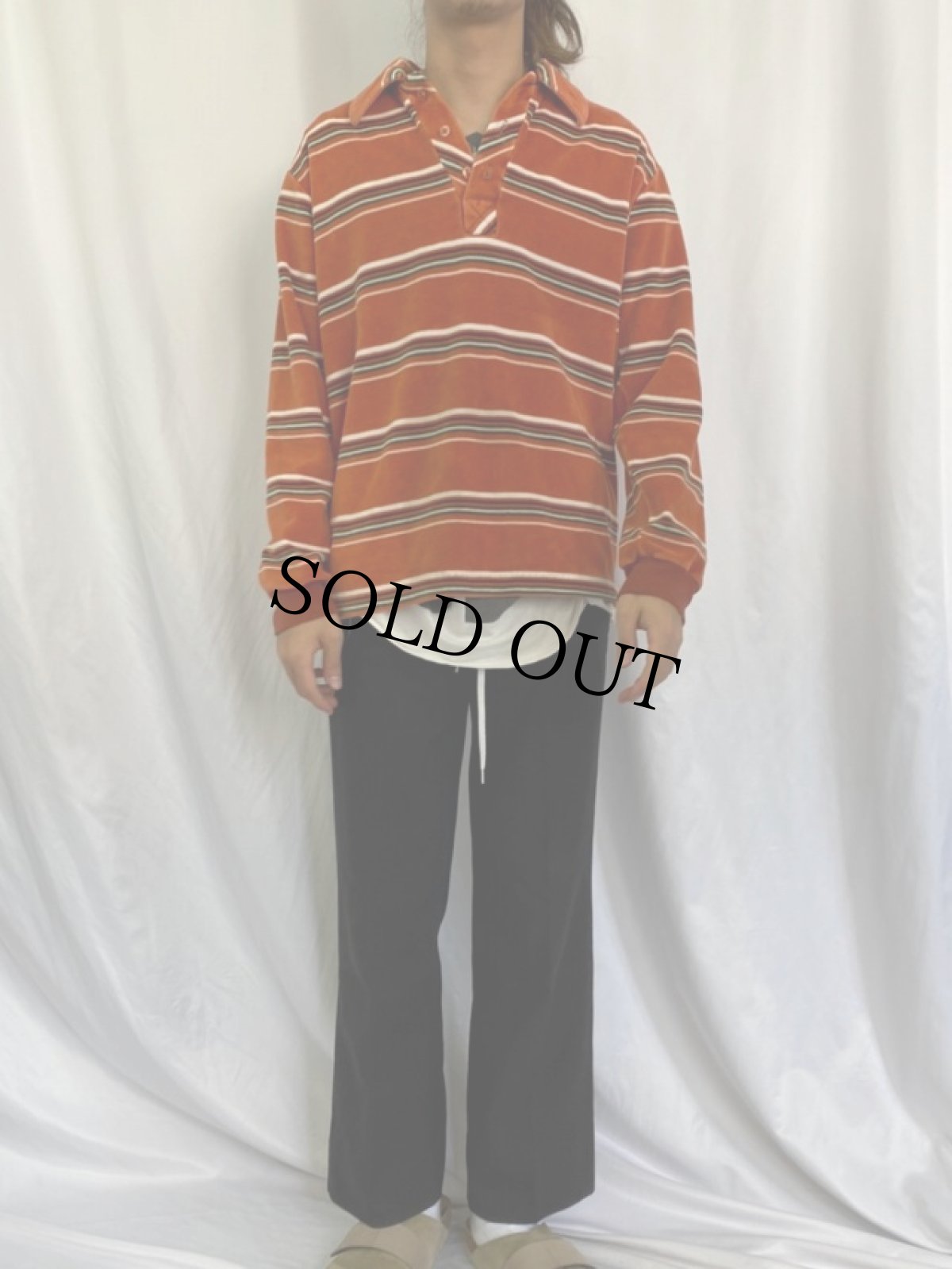 画像2: 70's Chemise Et Cie マルチボーダー柄 ベロア長袖ポロシャツ (2)