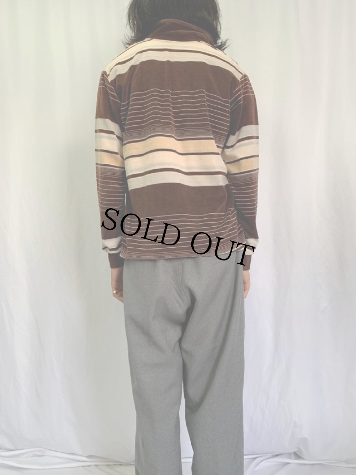 画像4: 80's CAMPUS ボーダー柄 ベロア長袖ポロシャツ (4)