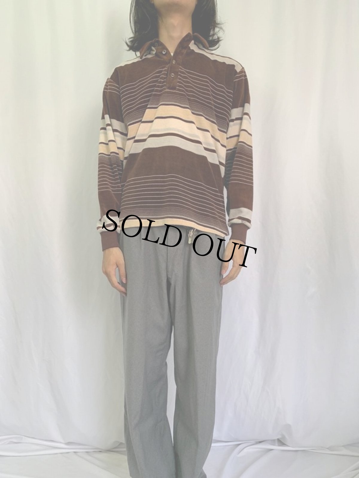 画像2: 80's CAMPUS ボーダー柄 ベロア長袖ポロシャツ (2)