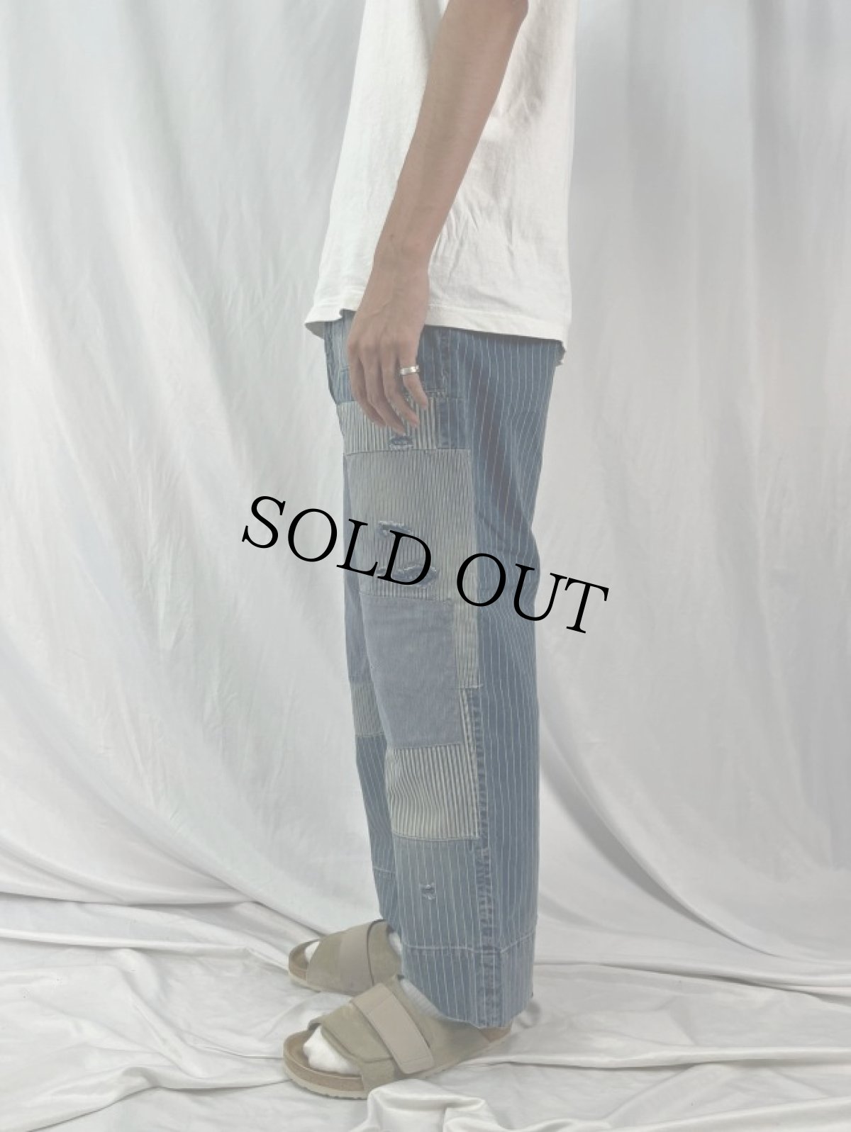 画像3: ANACHRONORM パッチワーク バックルバック ヒッコリーデニムパンツ W30 (3)