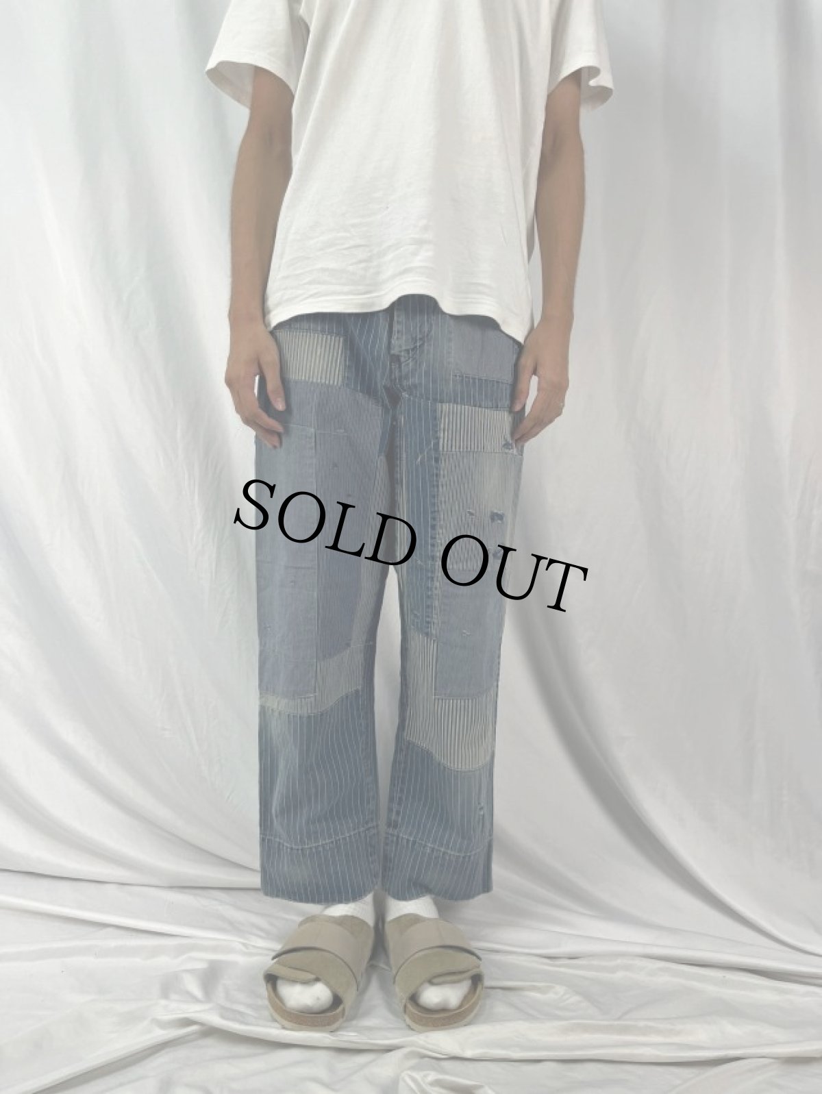 画像2: ANACHRONORM パッチワーク バックルバック ヒッコリーデニムパンツ W30 (2)