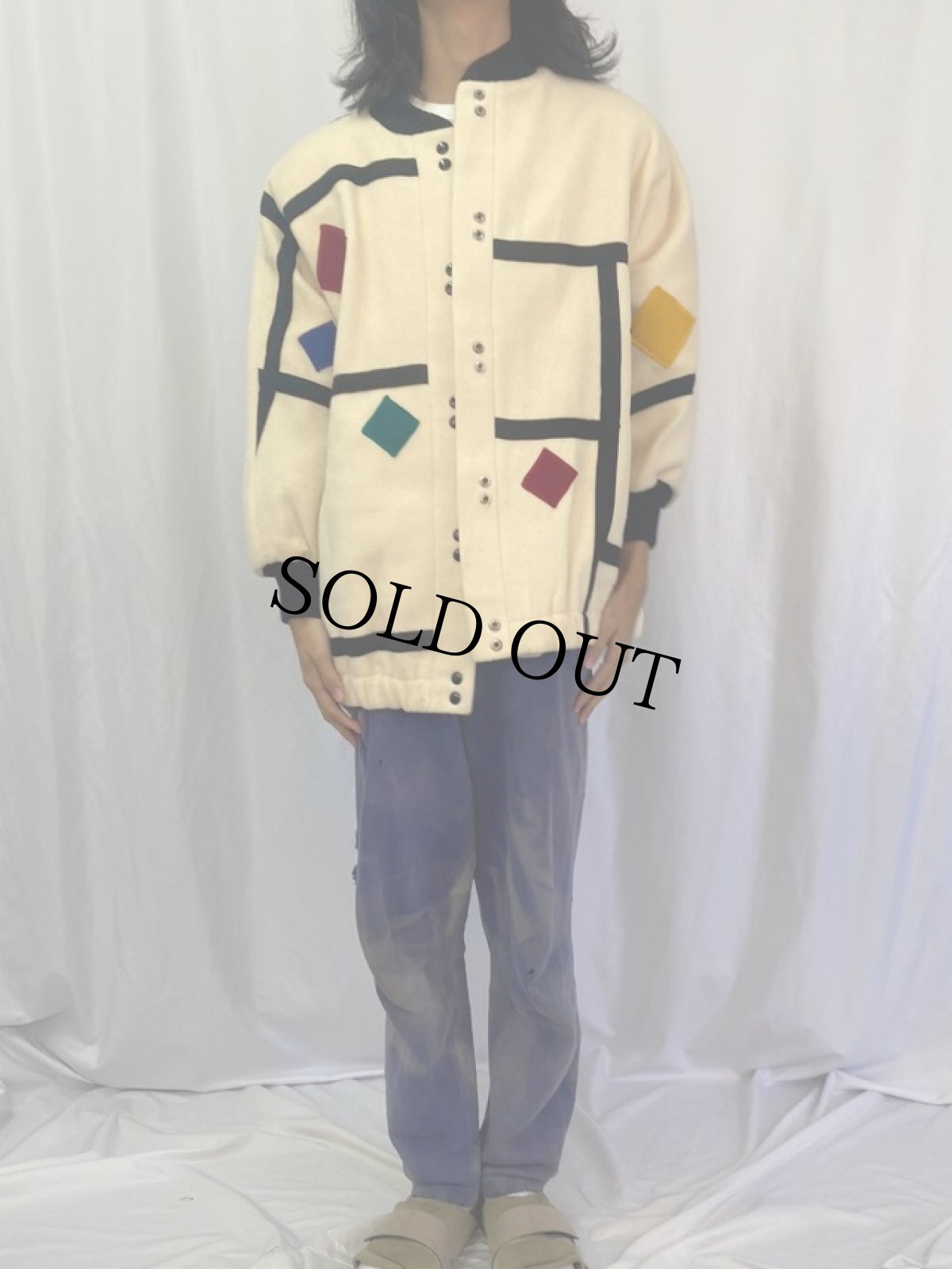 画像2: 80's STEVE EVANS USA製 モンドリアンパターン ウールコート (2)