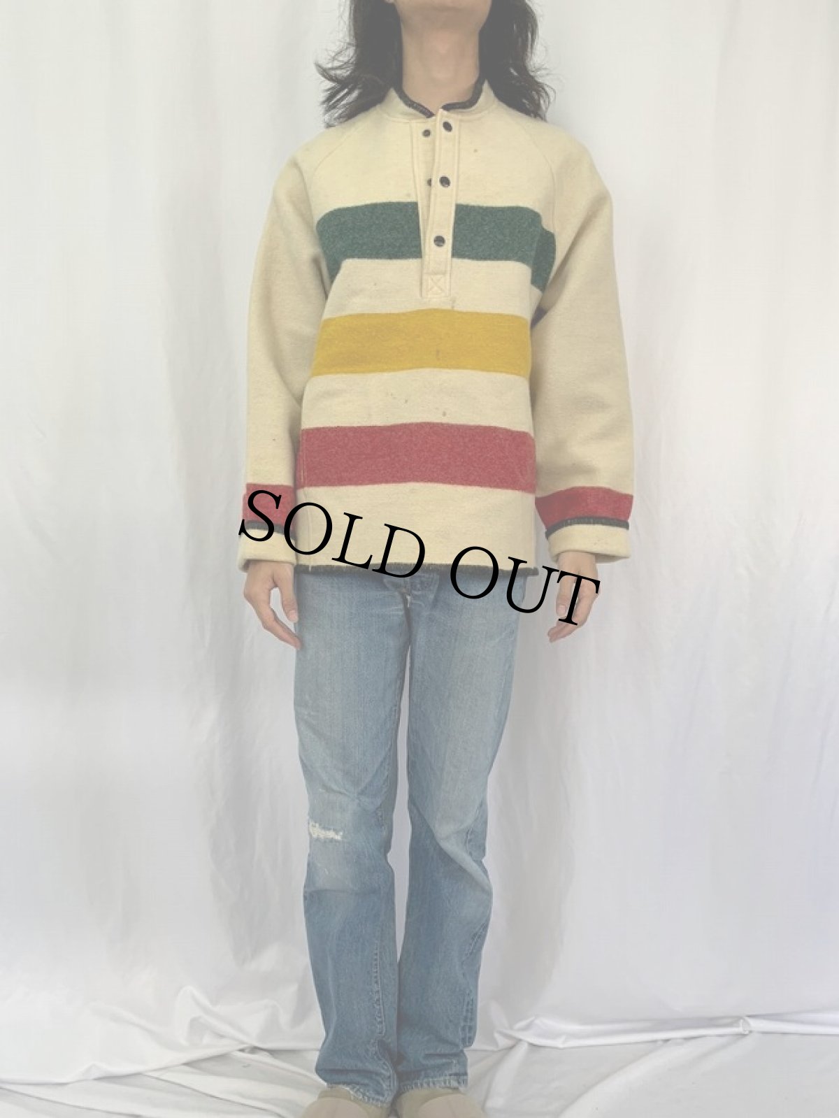 画像2: 60〜70's Woolrich ボーダー柄 ハーフスナップ ウールジャケット (2)