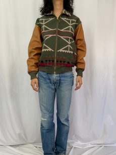 画像2: 90's PENDLETON USA製 ネイティブ柄 レザー切り替え ウール×コットンジャケット M (2)