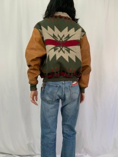 画像4: 90's PENDLETON USA製 ネイティブ柄 レザー切り替え ウール×コットンジャケット M (4)