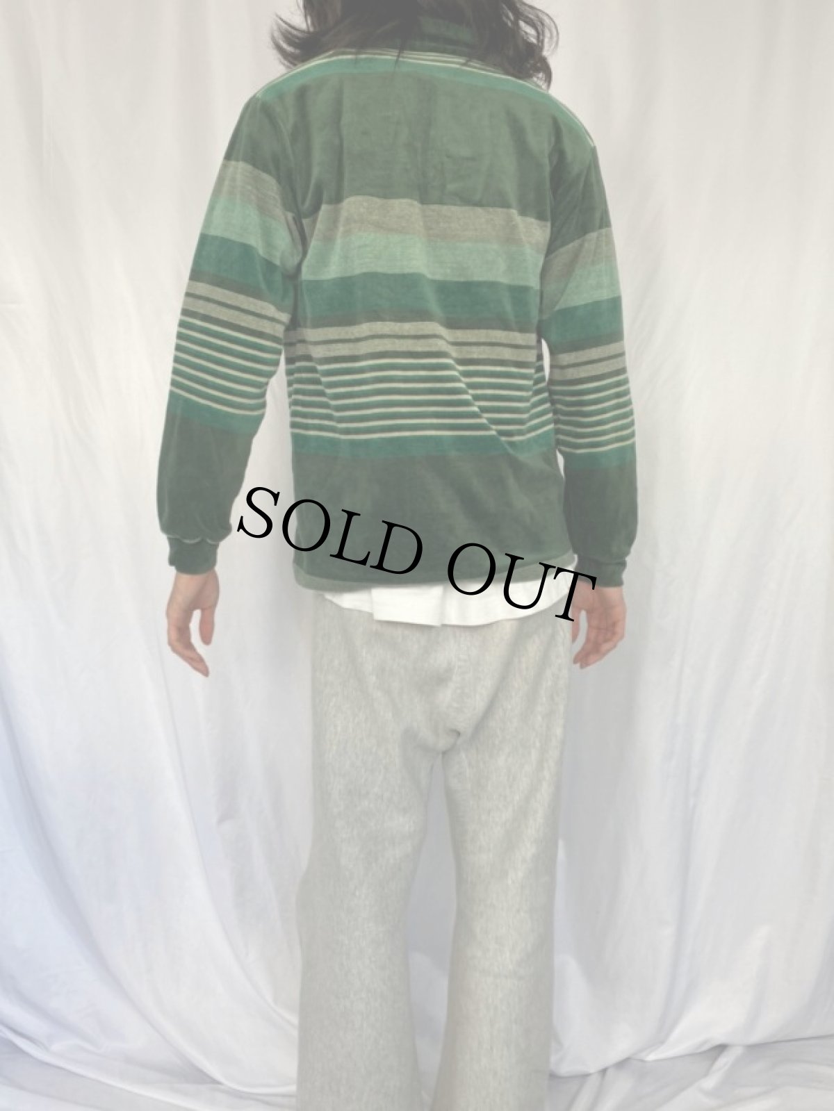 画像4: 70's JCPenny マルチボーダー柄 ベロア長袖ポロシャツ L (4)