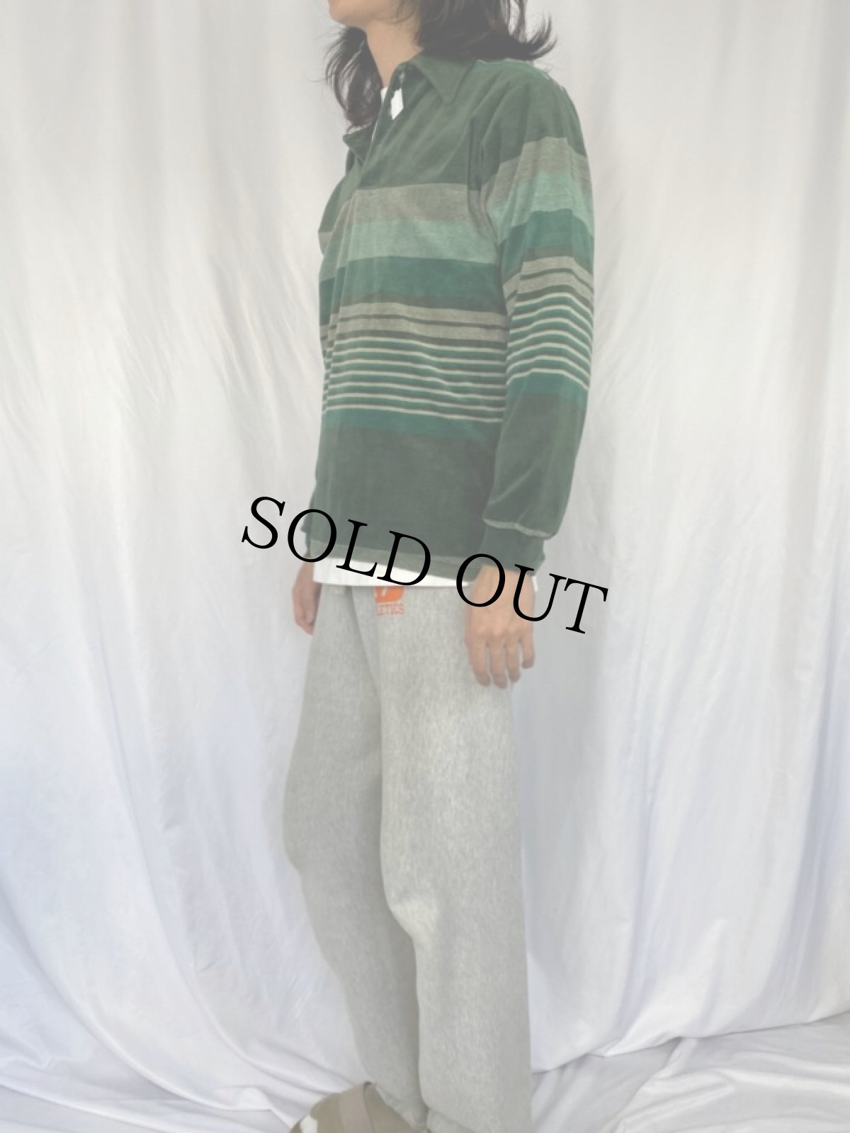 画像3: 70's JCPenny マルチボーダー柄 ベロア長袖ポロシャツ L (3)