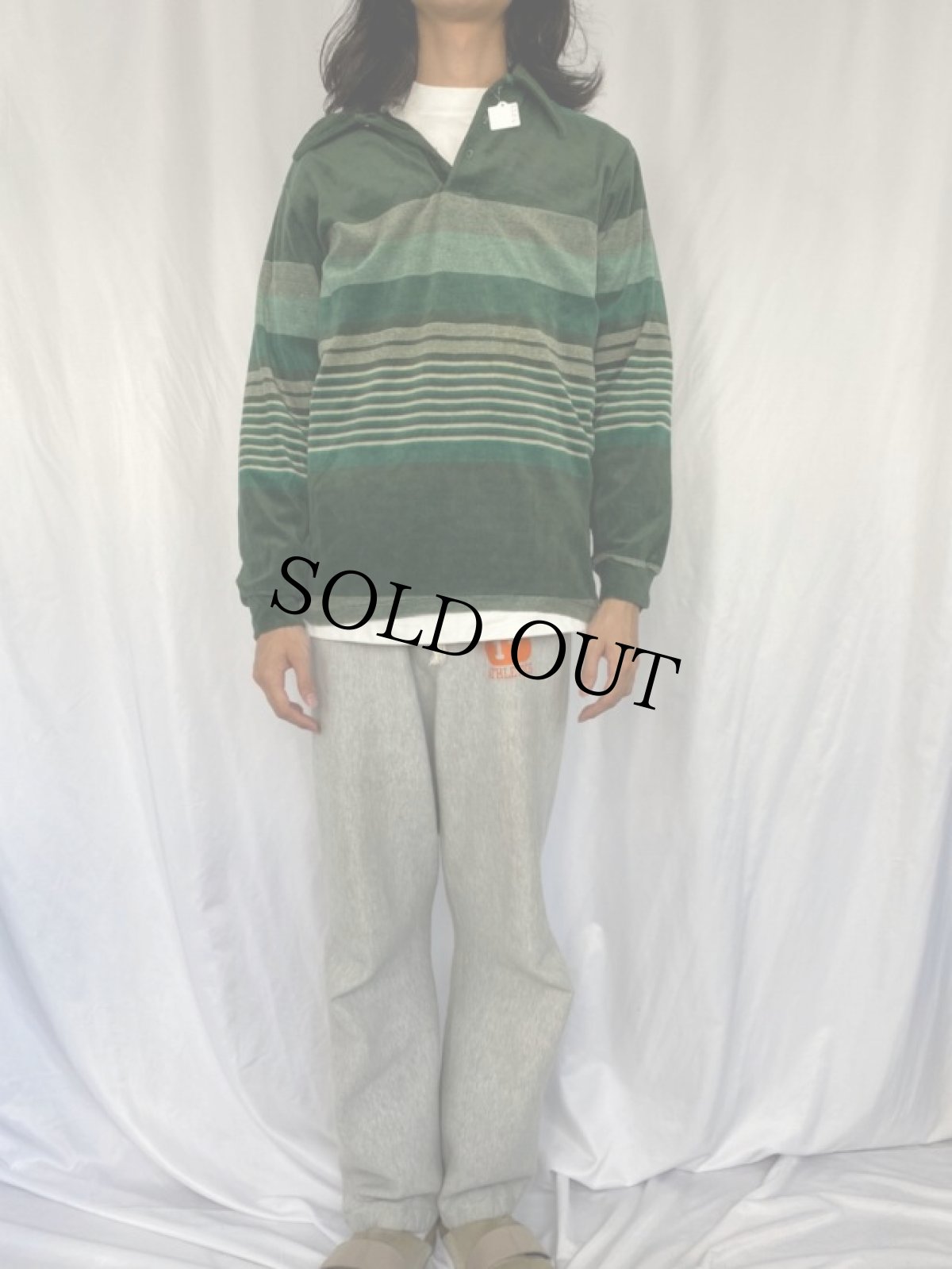 画像2: 70's JCPenny マルチボーダー柄 ベロア長袖ポロシャツ L (2)