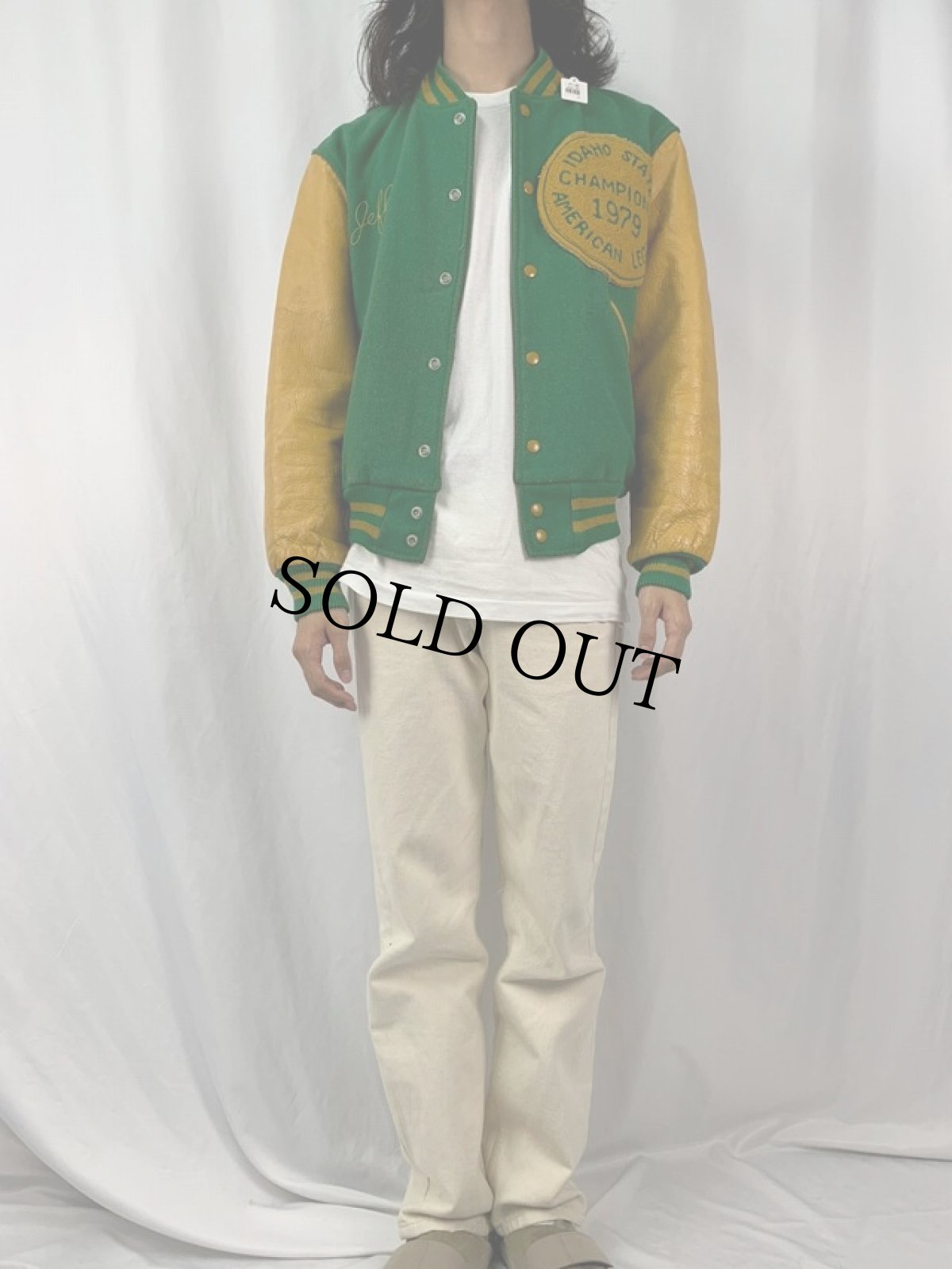 画像2: 70's BUTWIN チェーン刺繍 パッチ付き レザー×ウールスタジャン SIZE40 (2)