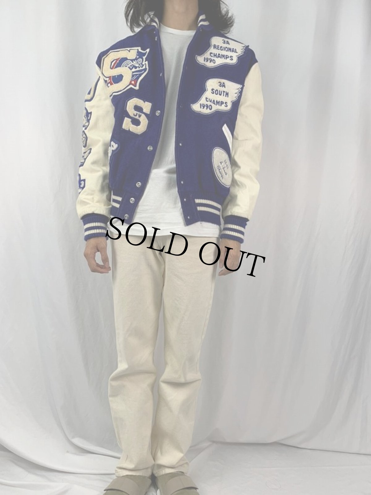 画像2: 80's DeLONG USA製 ウイングフットパッチ付き レザー×ウールスタジャン SIZE46 (2)