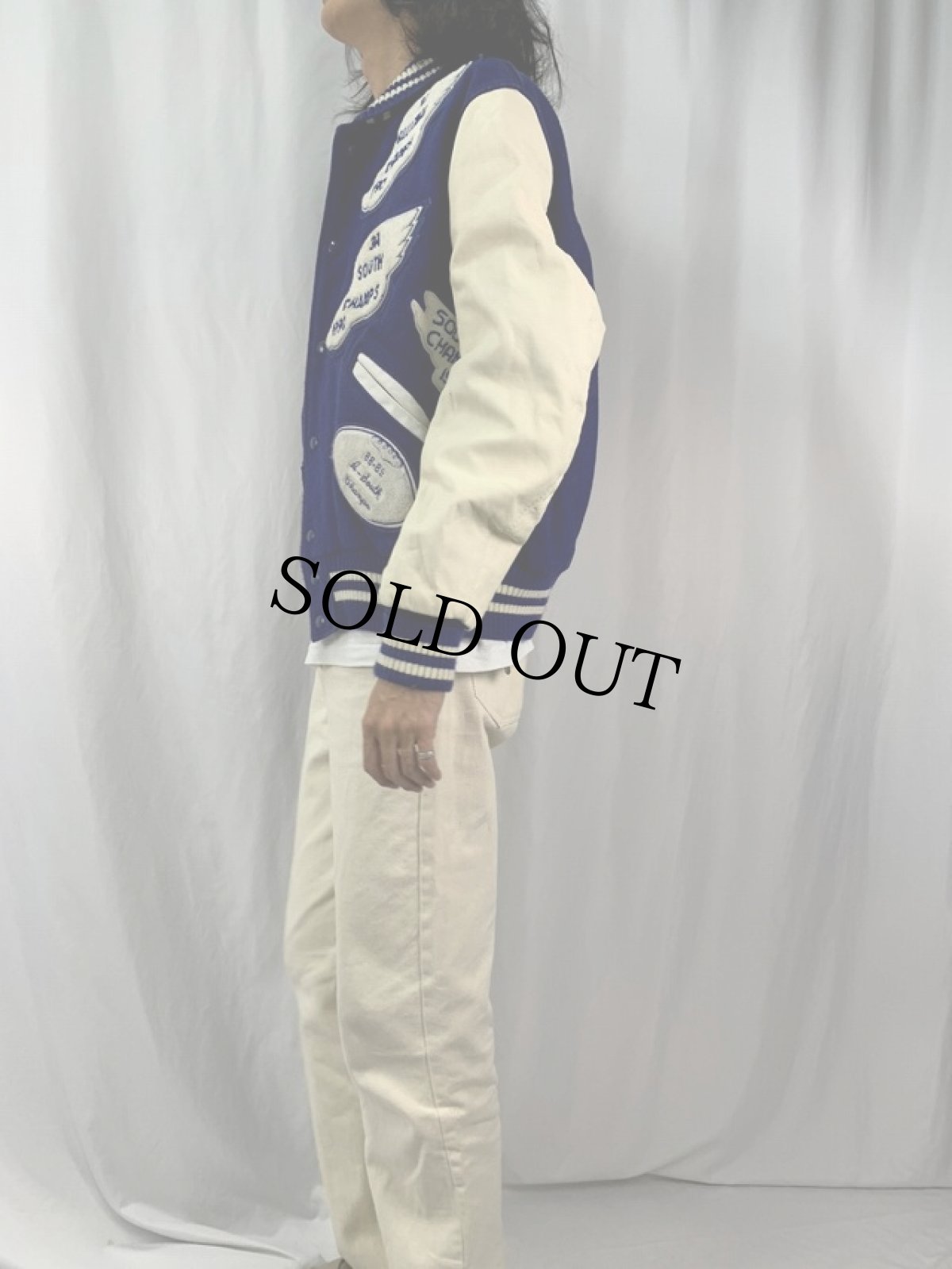 画像3: 80's DeLONG USA製 ウイングフットパッチ付き レザー×ウールスタジャン SIZE46 (3)