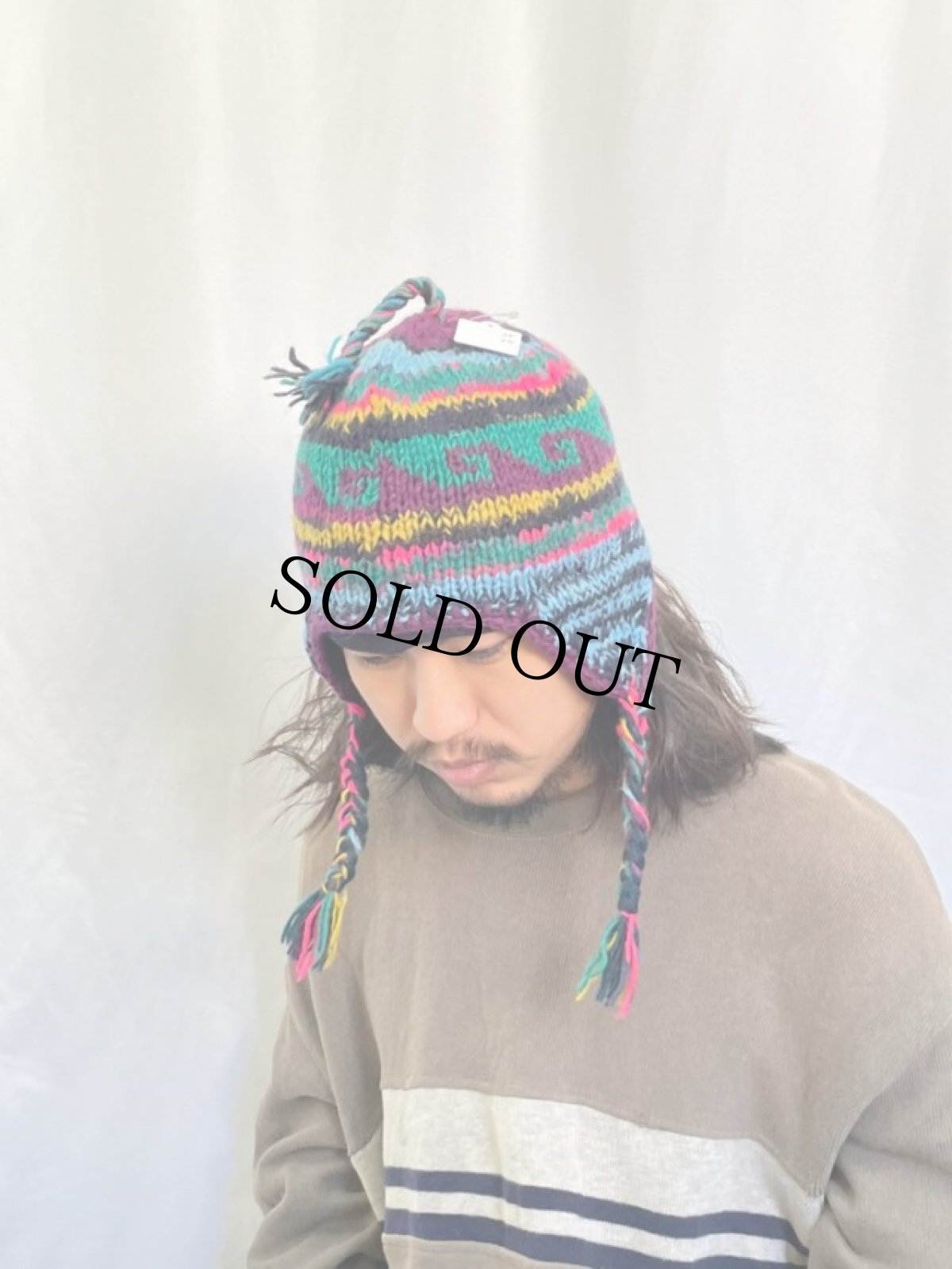 画像2: ネイティブボーダー柄 イヤーカフニットキャップ (2)