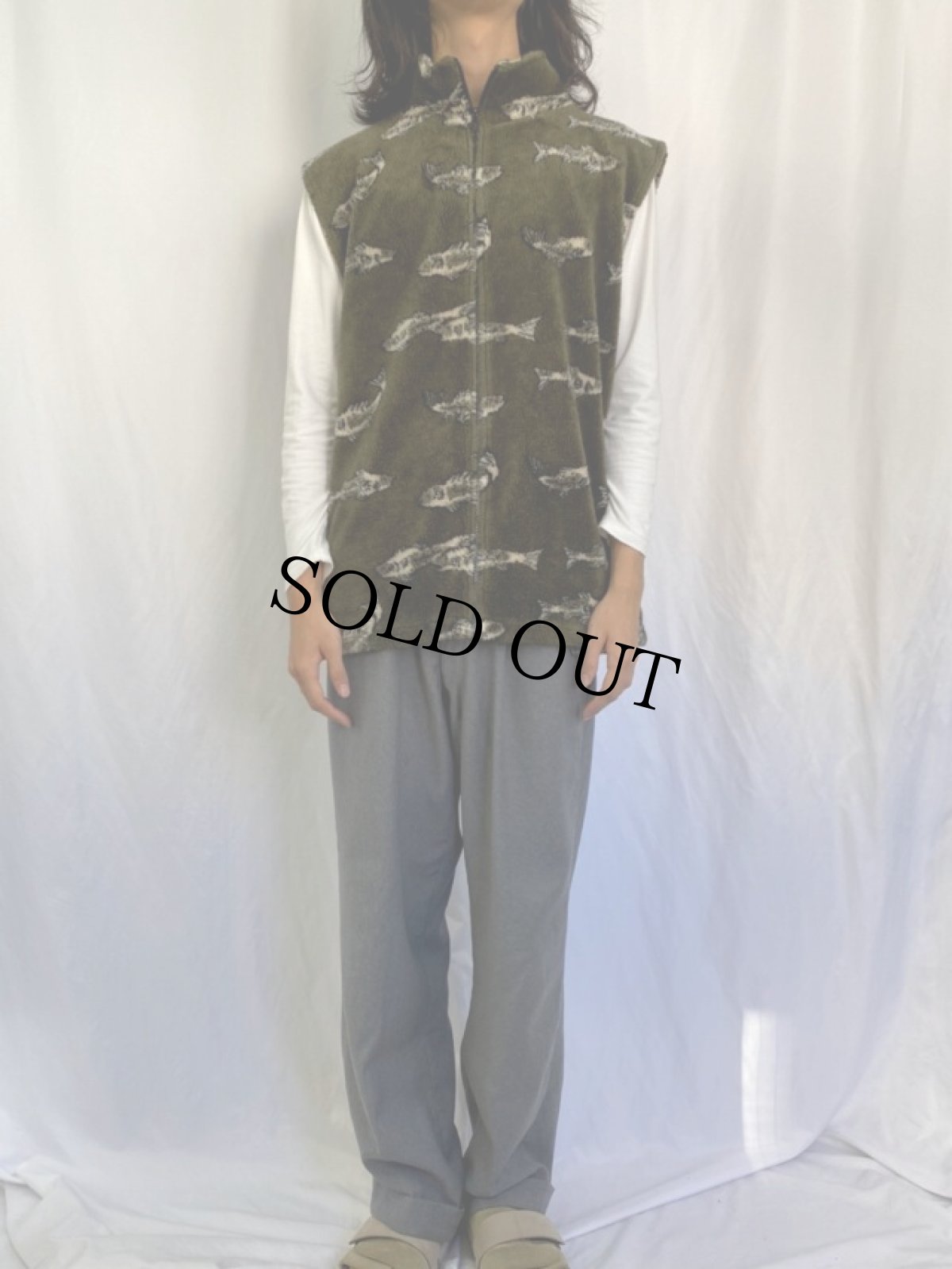 画像2: OCEAN EAST 魚柄 フリースベスト XL (2)