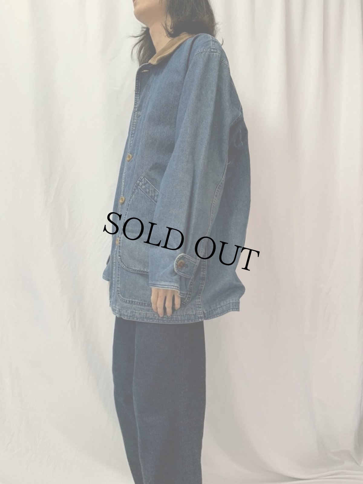 画像3: 90's LANDS'END デニムハンティングジャケット L (3)