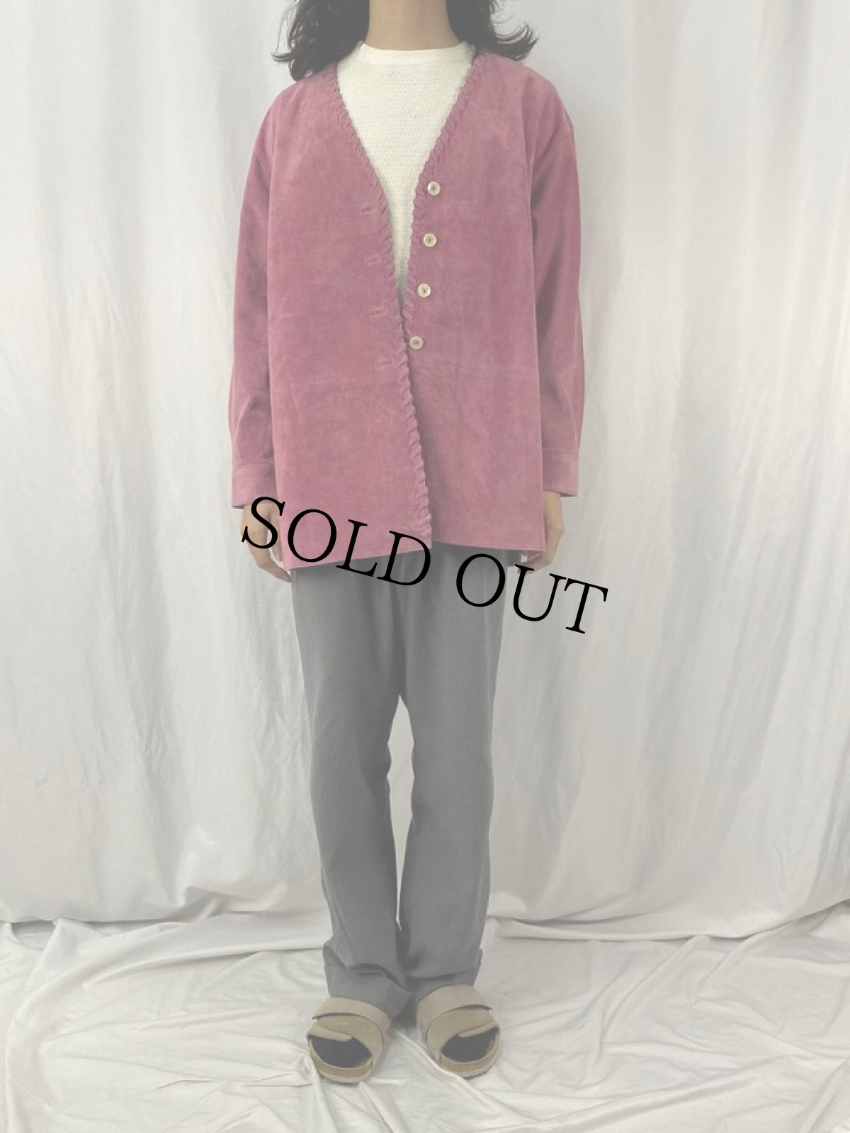 画像2: 80's スエード ノーカラーデザインジャケット L (2)