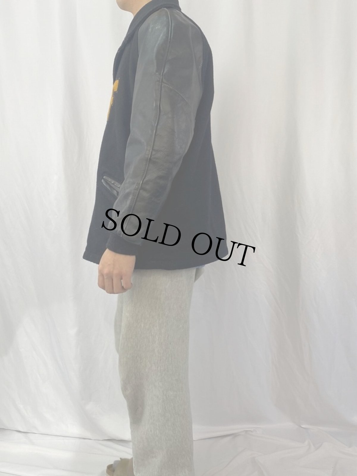 画像3: 70's DeLONG ワッペン付き レザー×ウールスタジャン 44 (3)