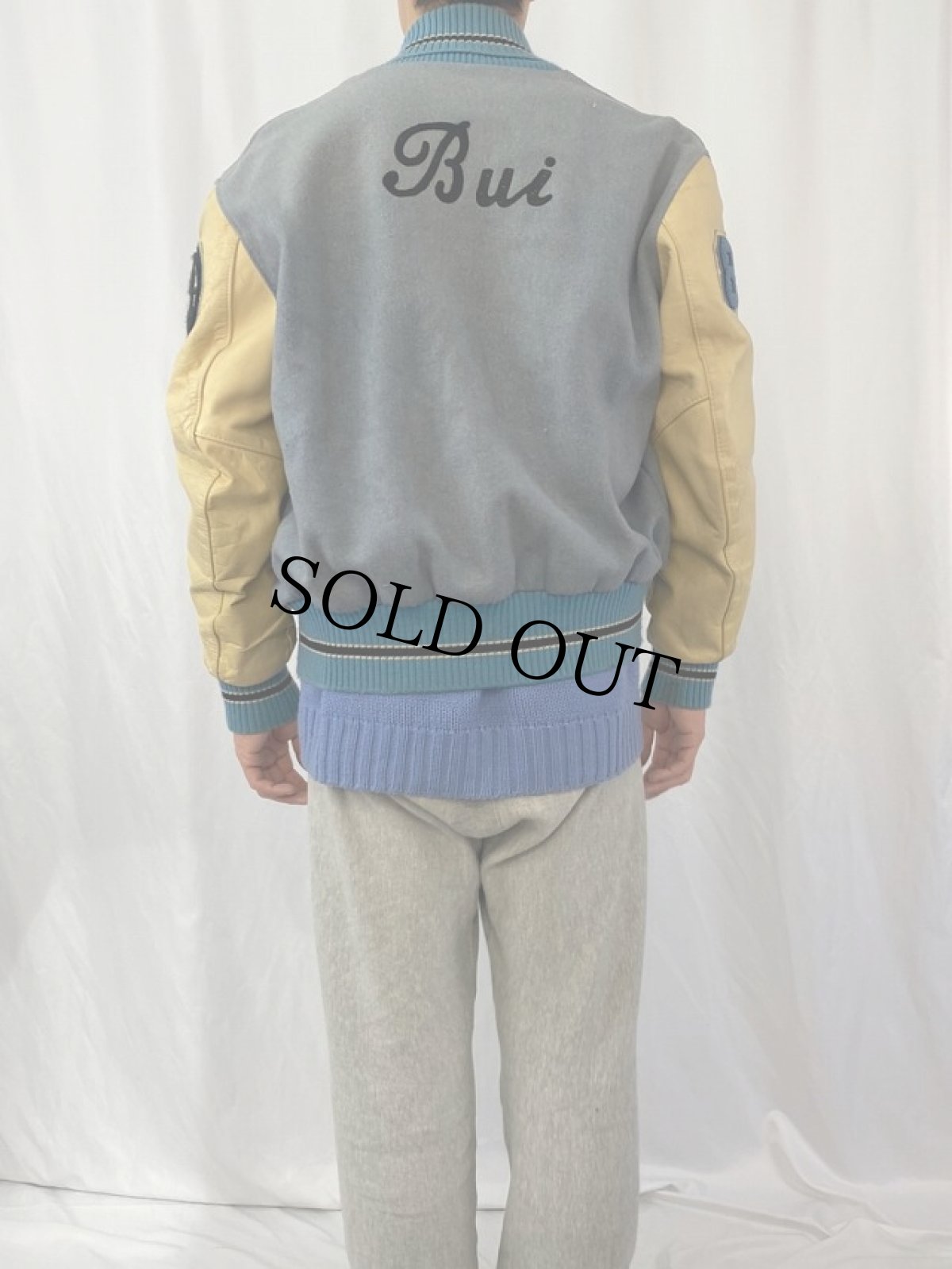 画像4: 70's DeLONG USA製 チェーン刺繍 ワッペン付き レザー×ウールスタジャン 42 (4)