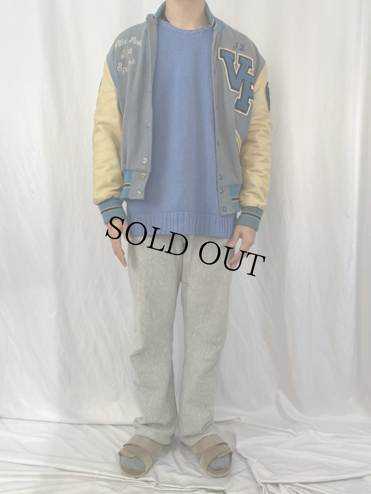 画像2: 70's DeLONG USA製 チェーン刺繍 ワッペン付き レザー×ウールスタジャン 42 (2)