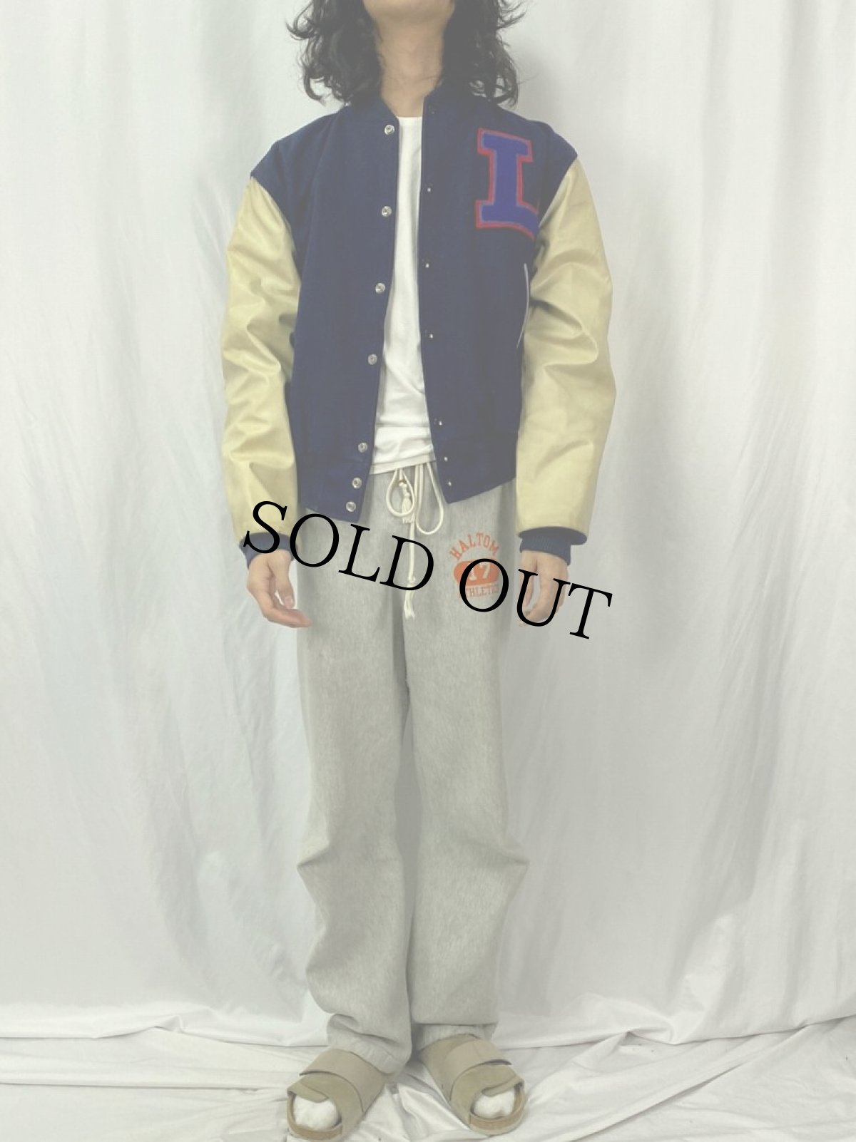 画像2: 60〜70's Champion USA製 ランタグ ワッペン付き ウール×レザースタジャン L (2)