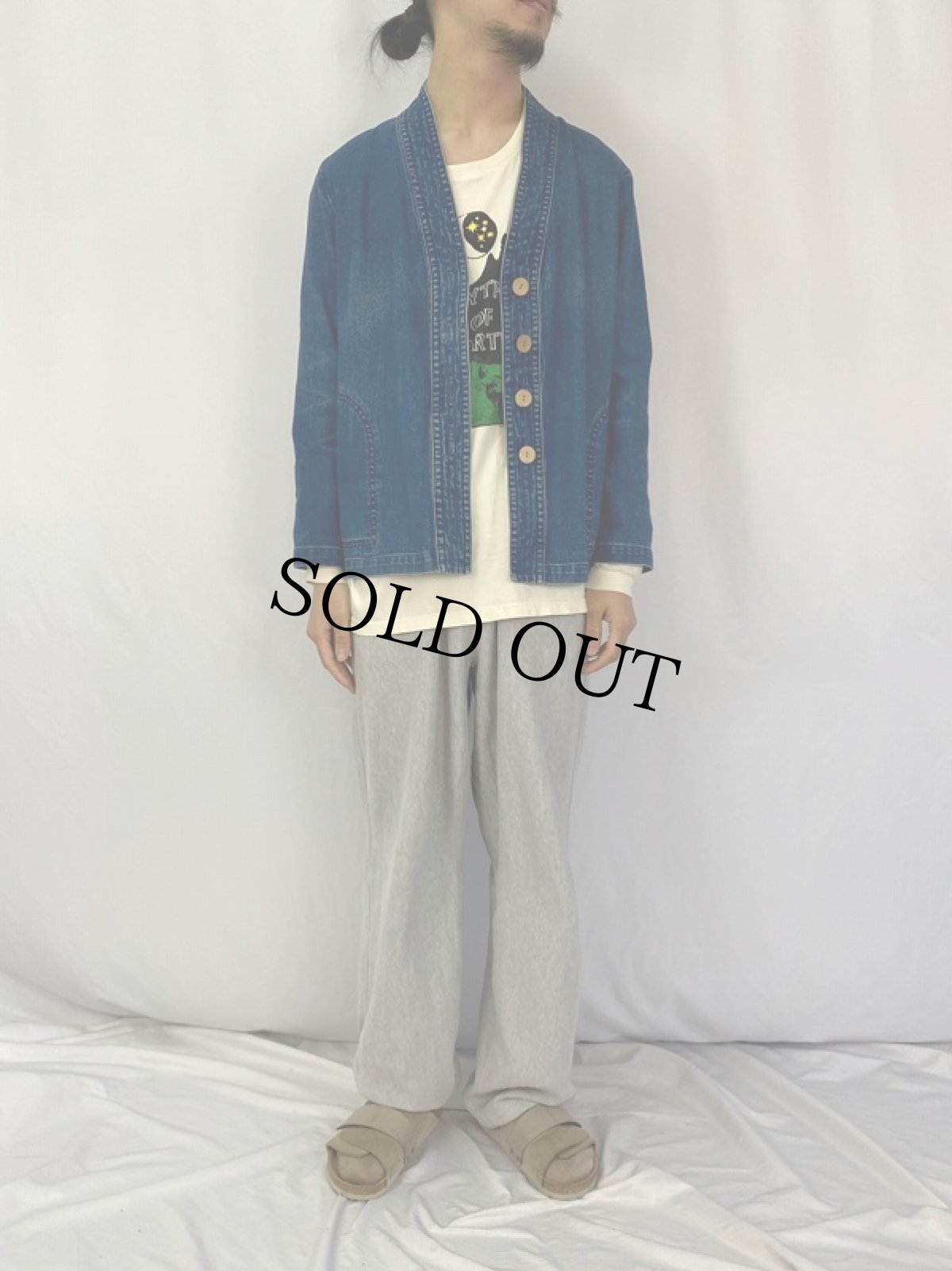 画像2: 90's TRAVEL SMITH ノーカラー デニムジャケット M (2)
