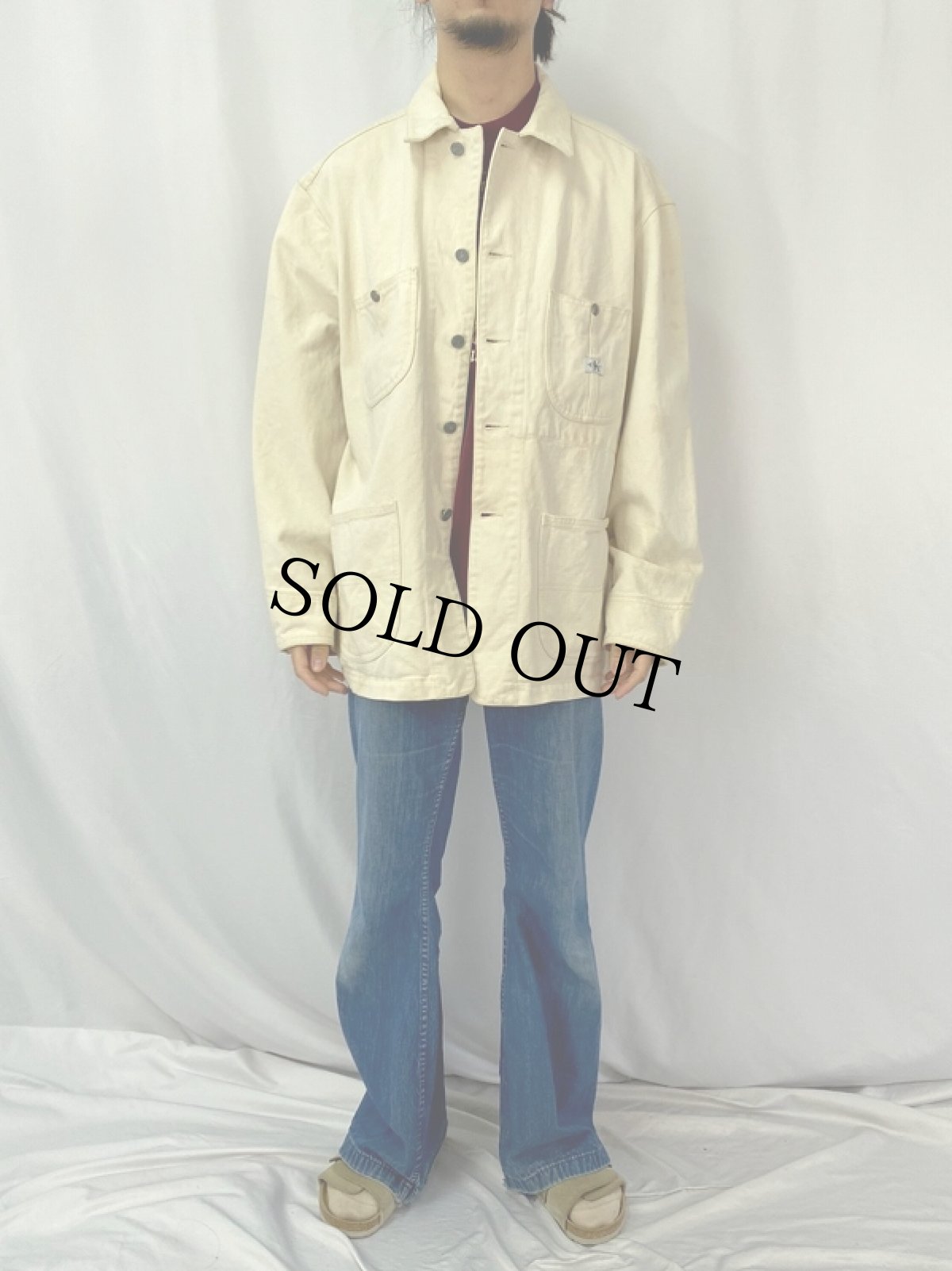 画像2: 90's Calvin Klein ホワイトデニムハンティングジャケット XL (2)