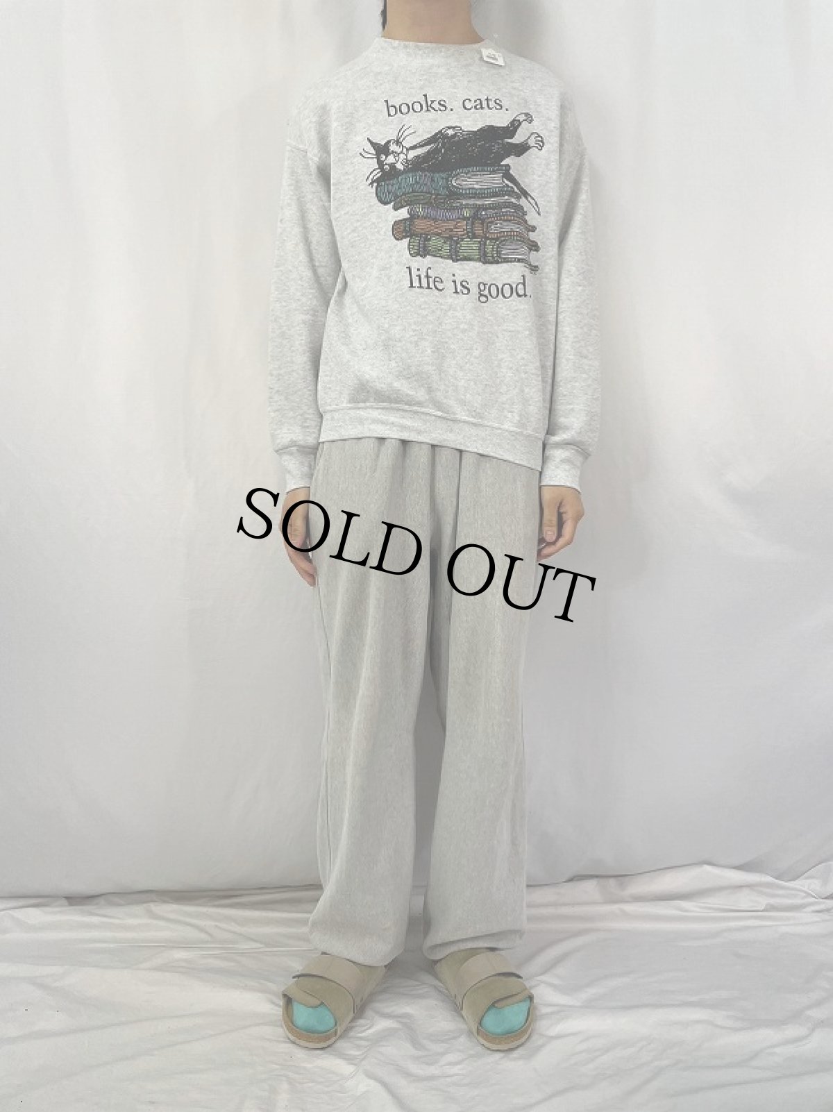 画像2: 2000's Edward Gorey "books.cats." 本×ねこプリントスウェット M (2)