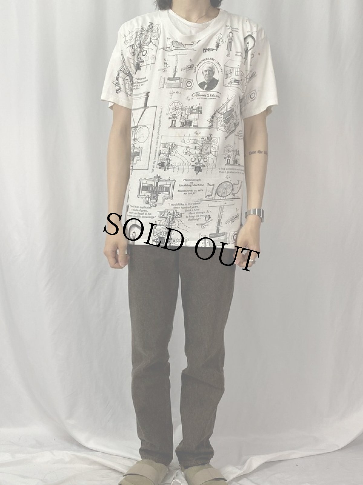 画像2: 90's Thomas A Edison 大判総柄プリントTシャツ L (2)