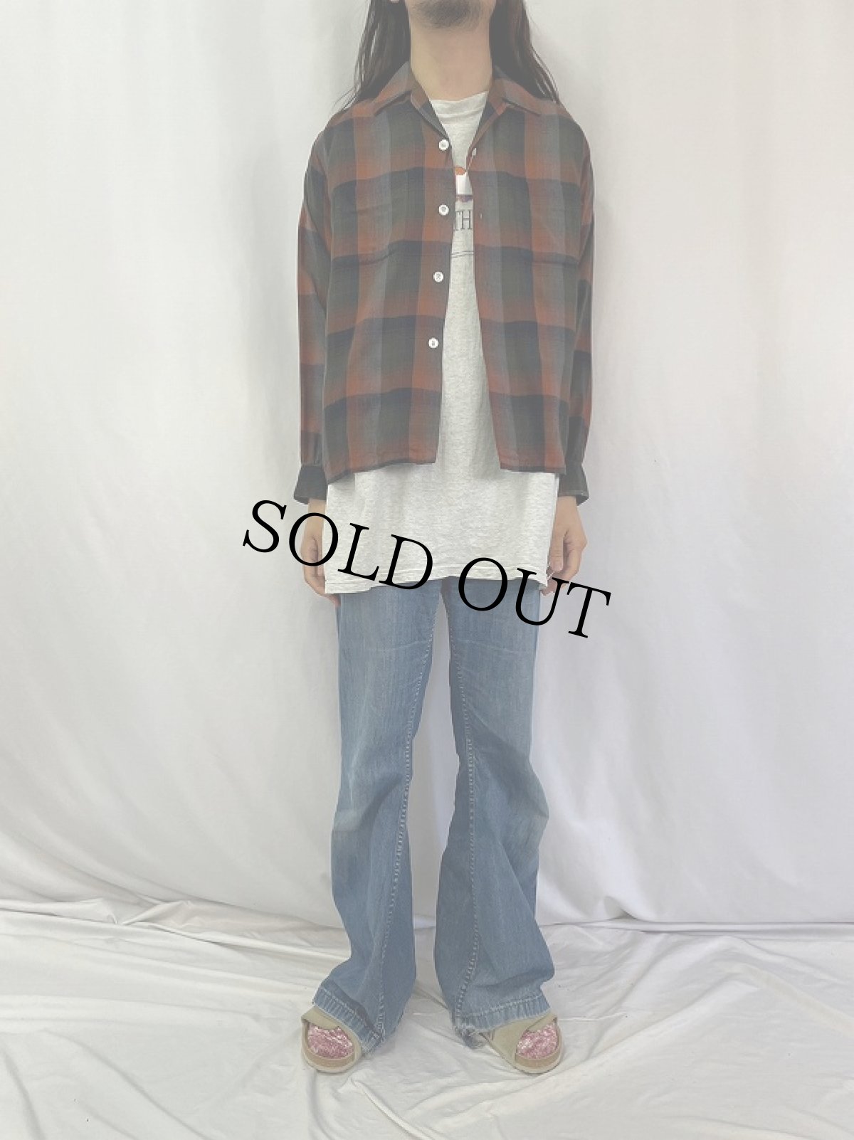 画像2: 60's MACY'S KEMPTON チェック柄 レーヨン×アセテート オープンカラーシャツ M (2)