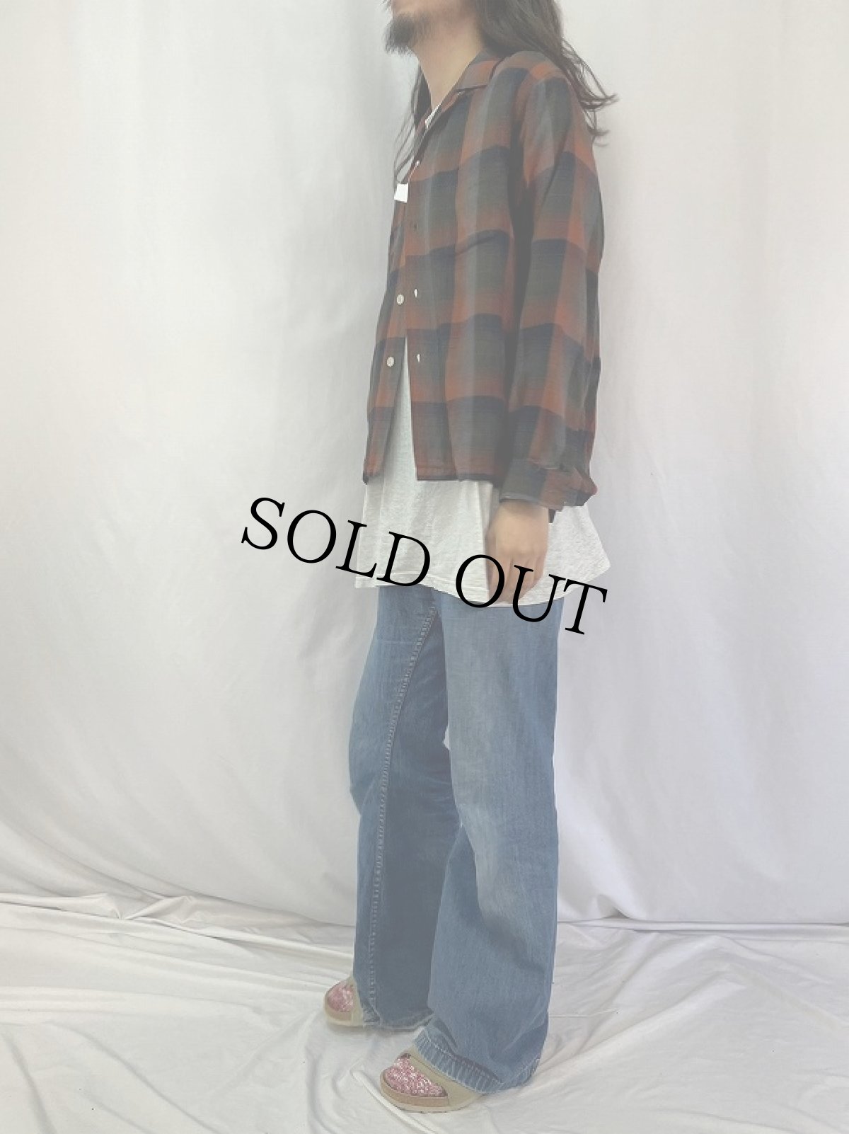 画像3: 60's MACY'S KEMPTON チェック柄 レーヨン×アセテート オープンカラーシャツ M (3)