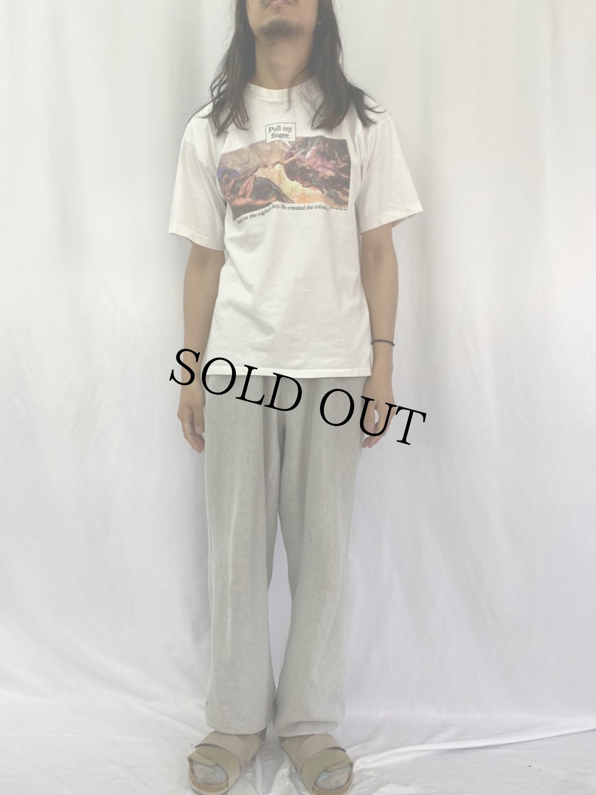 画像2: 90's Michelangelo アダムの創造 USA製 "Pull my finger" パロディTシャツ L (2)