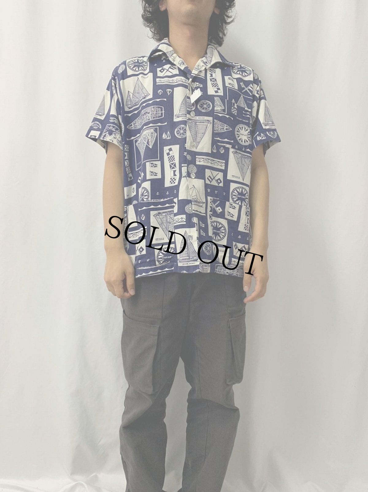 画像2: 70's 船舶設計図柄 シャークカラーコットンシャツ L (2)