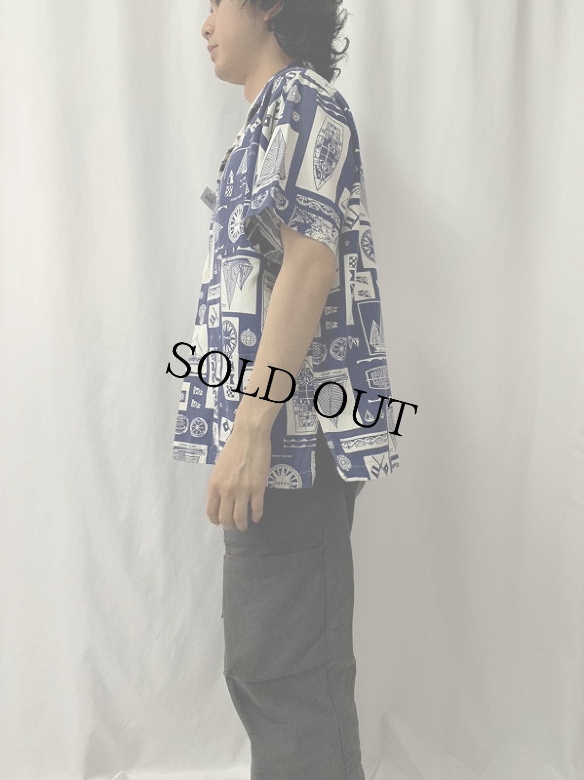 画像3: 70's 船舶設計図柄 シャークカラーコットンシャツ L (3)