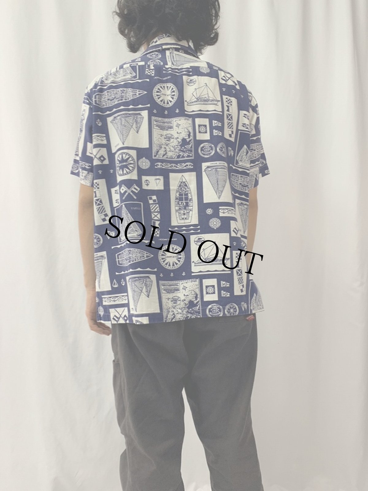画像4: 70's 船舶設計図柄 シャークカラーコットンシャツ L (4)